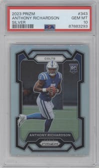 Anthony Richardson from the 2023 Panini Prizm set featuring a Silver Prizm parallel graded by PSA and given an overall grade of 10.