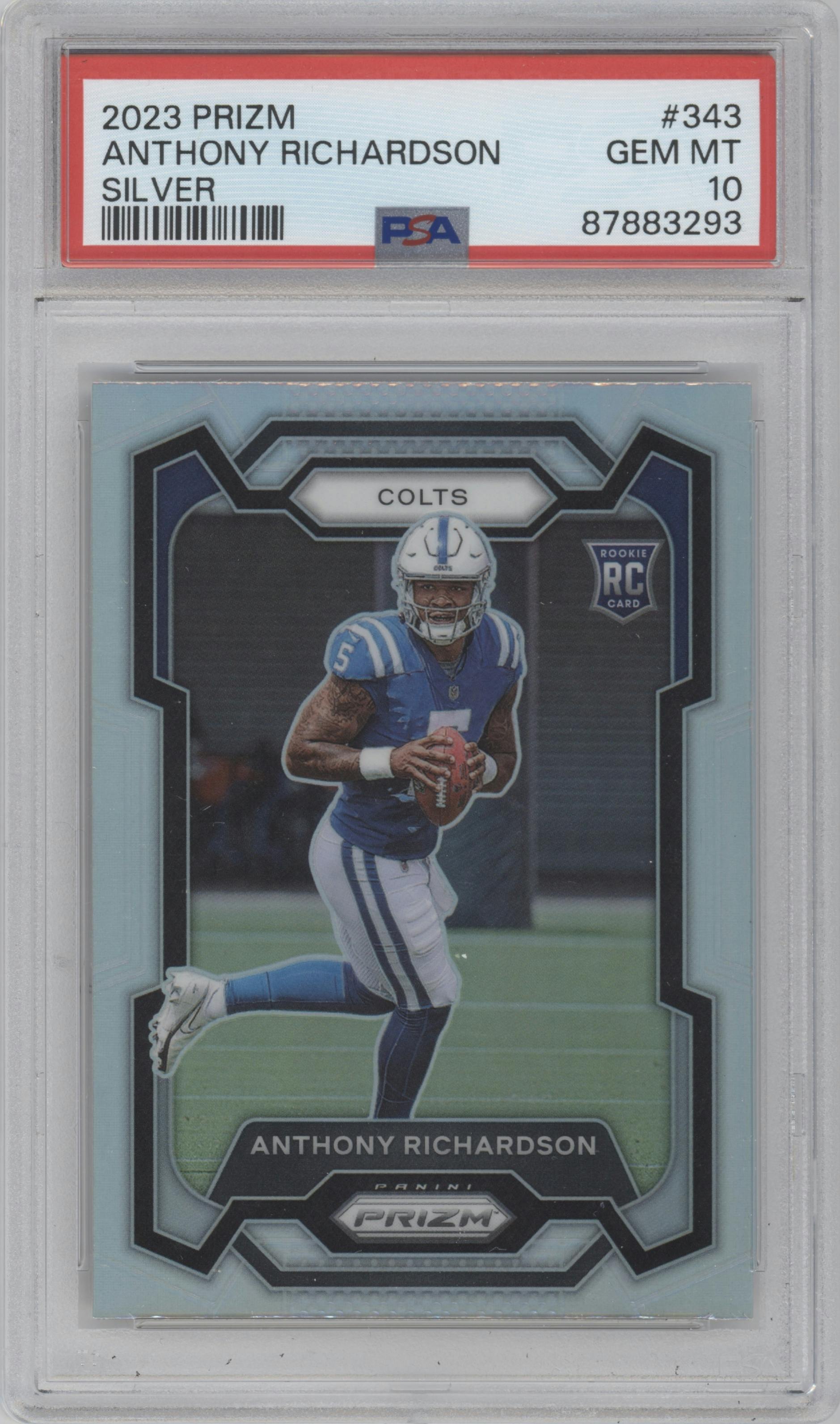 Anthony Richardson from the 2023 Panini Prizm set featuring a Silver Prizm parallel graded by PSA and given an overall grade of 10.