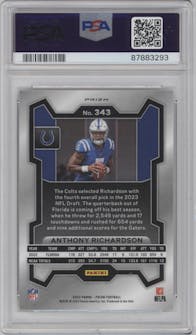 Anthony Richardson from the 2023 Panini Prizm set featuring a Silver Prizm parallel graded by PSA and given an overall grade of 10.