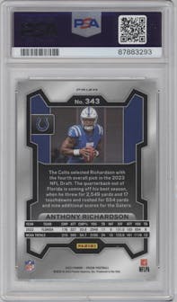 Anthony Richardson from the 2023 Panini Prizm set featuring a Silver Prizm parallel graded by PSA and given an overall grade of 10.