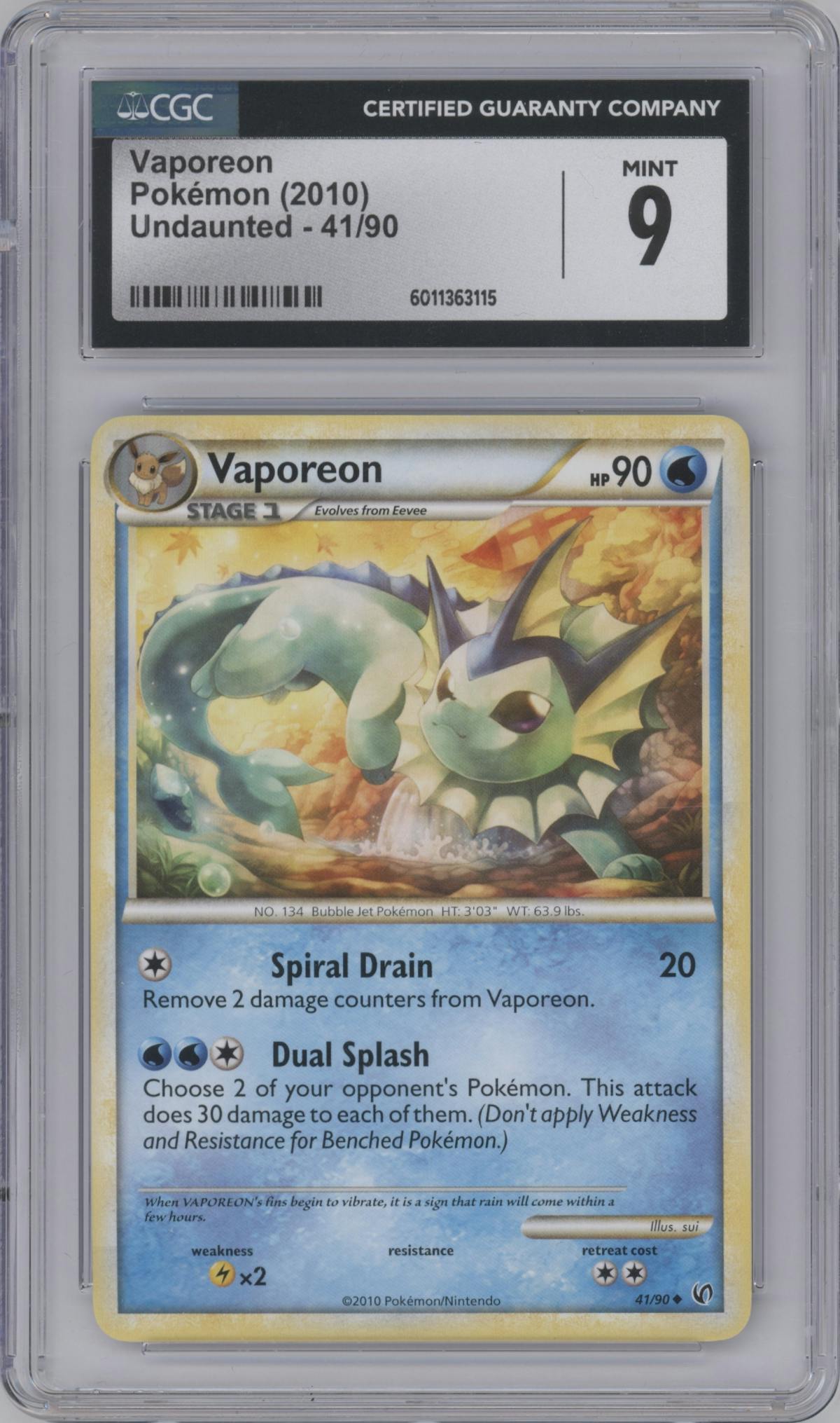 Vaporeon from the 2010 Pokemon HG & SS set graded by CSG and given an overall grade of 9.
