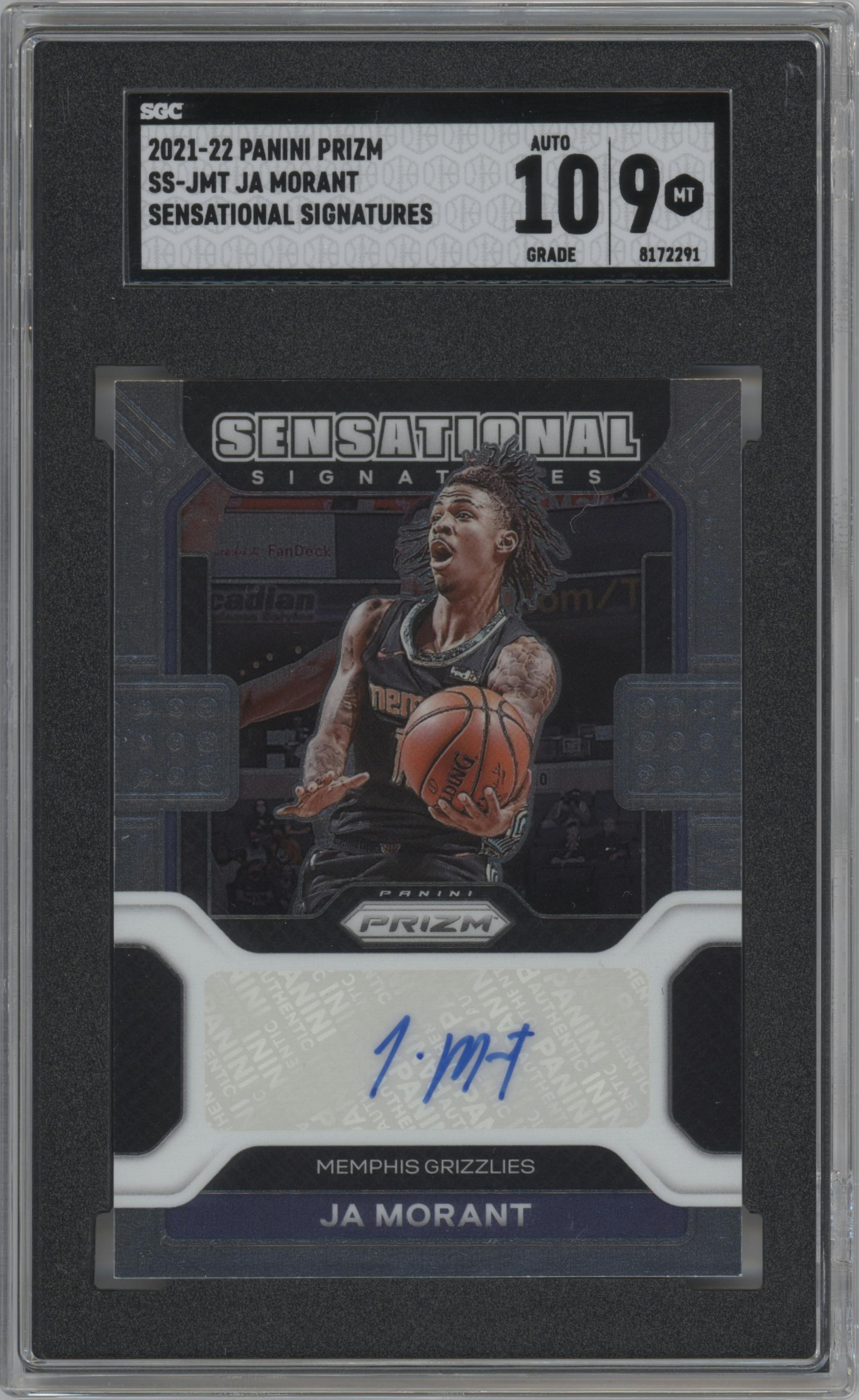 Ja Morant from the 2021-22 Panini Prizm  set graded by SGC and given an overall grade of 9.