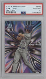 Max Clark from the 2023 Bowman Draft set graded by PSA and given an overall grade of 10.