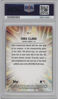 Max Clark from the 2023 Bowman Draft set graded by PSA and given an overall grade of 10.