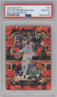 Victor Wembanyama from the 2023-24 Panini Select  set featuring a Red Cracked Ice parallel graded by PSA and given an overall grade of 10.
