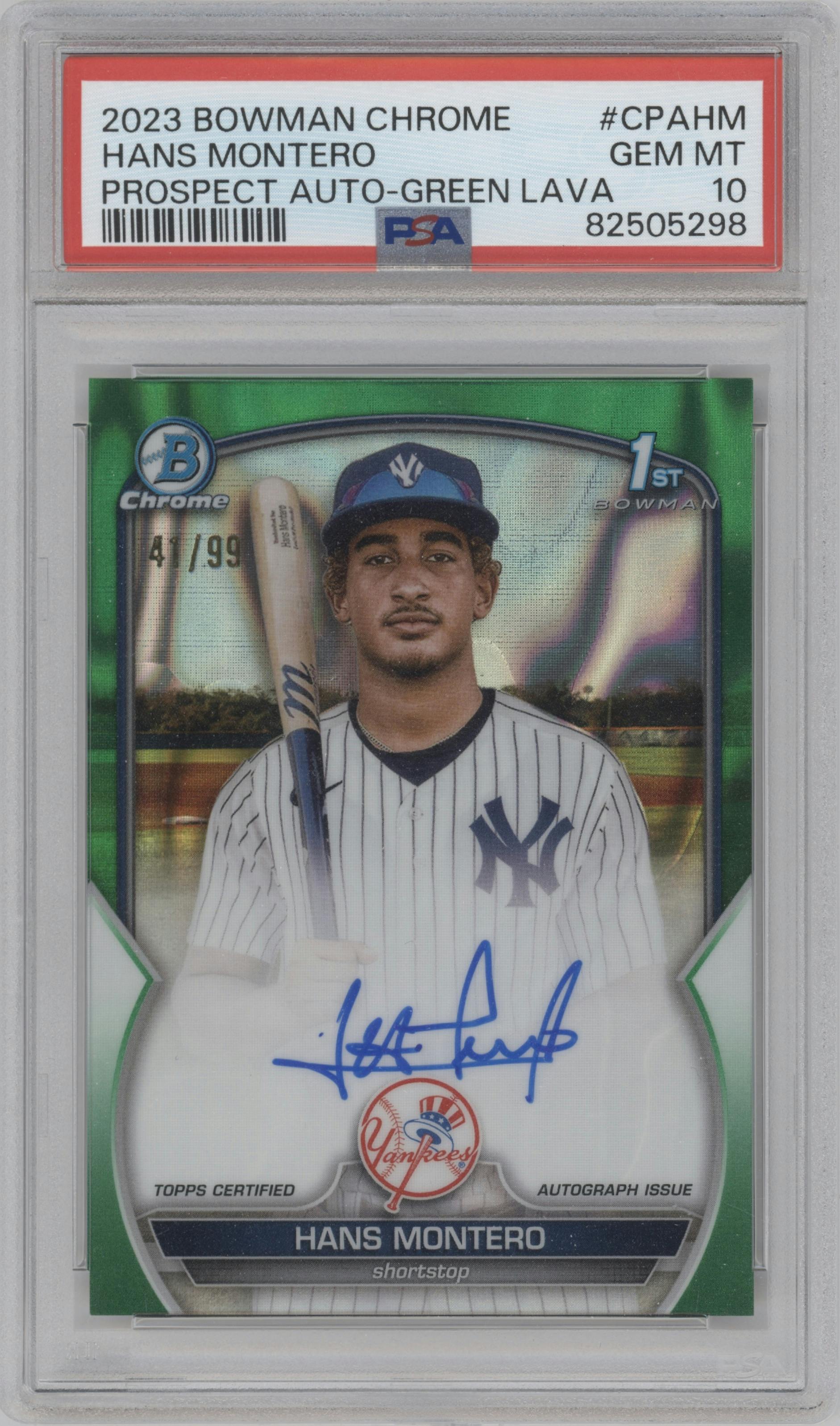 Hans Montero from the 2023 Bowman Chrome set featuring a Green Lava Refractor parallel graded by PSA and given an overall grade of 10.