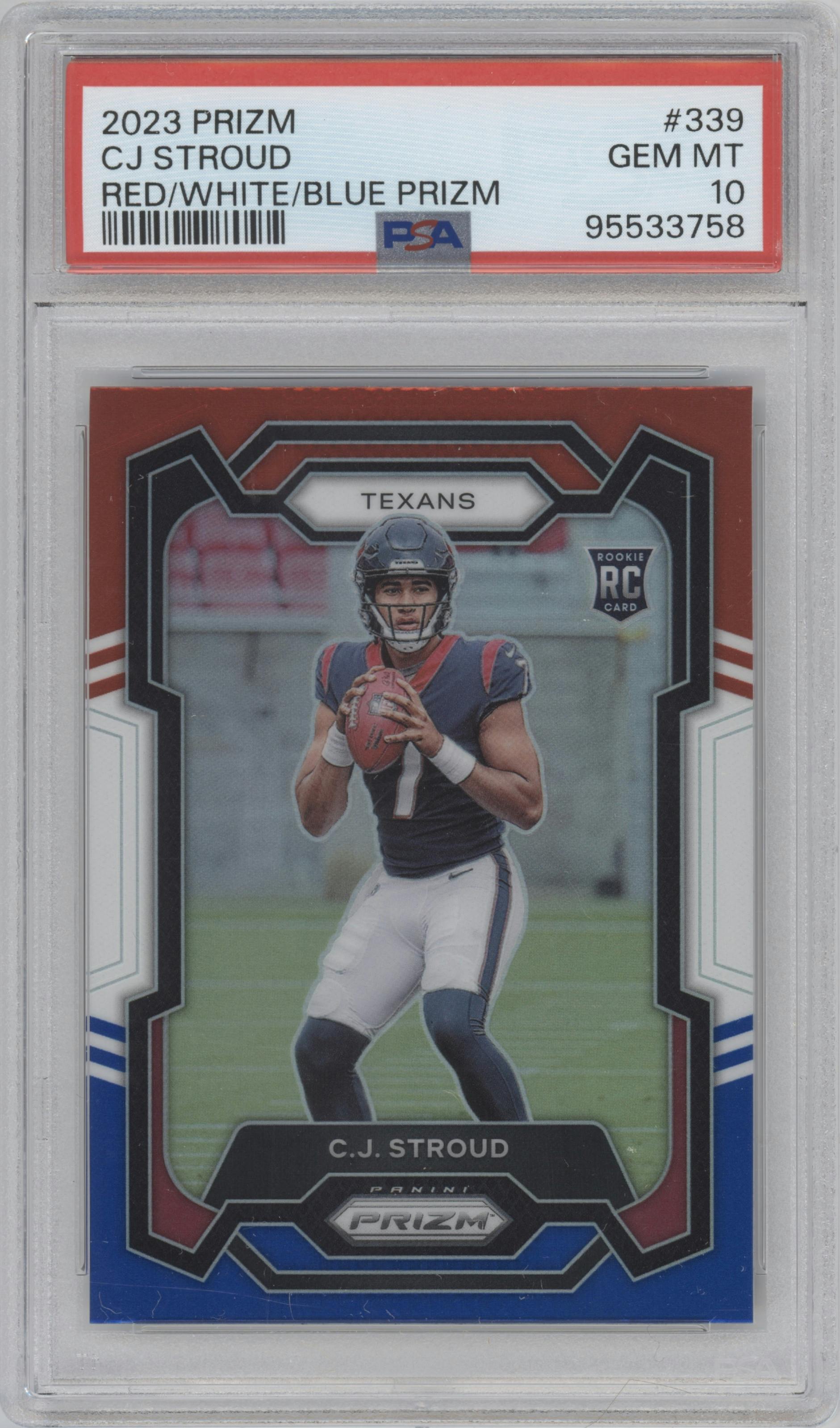 C.J. Stroud from the 2023 Panini Prizm set featuring a Red/White/Blue parallel graded by PSA and given an overall grade of 10.