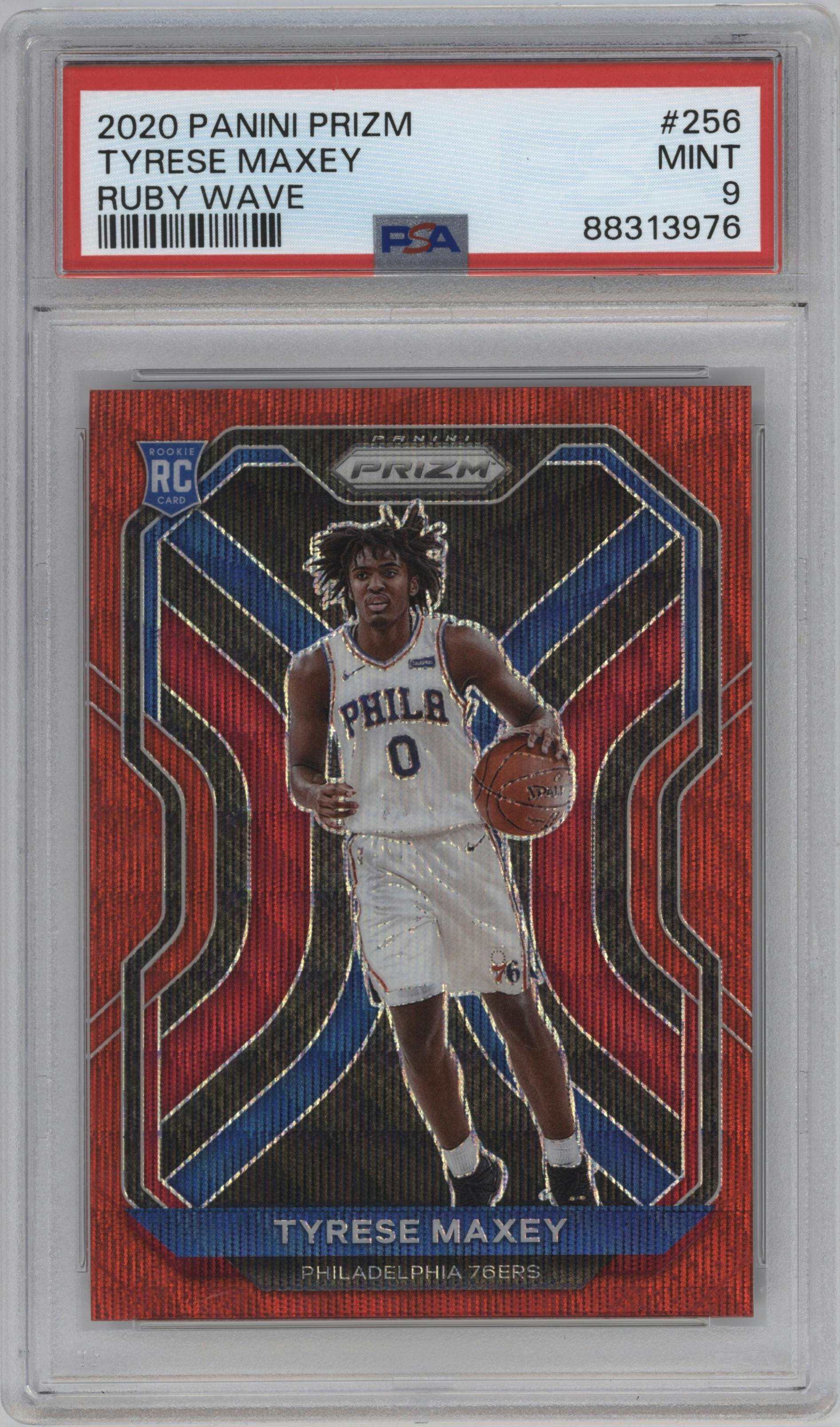 Tyrese Maxey from the 2020-21 Panini Prizm set featuring a Ruby Wave parallel graded by PSA and given an overall grade of 9.