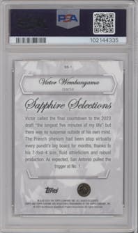 Victor Wembanyama from the 2023-24 Topps Chrome Sapphire set graded by PSA and given an overall grade of 10.