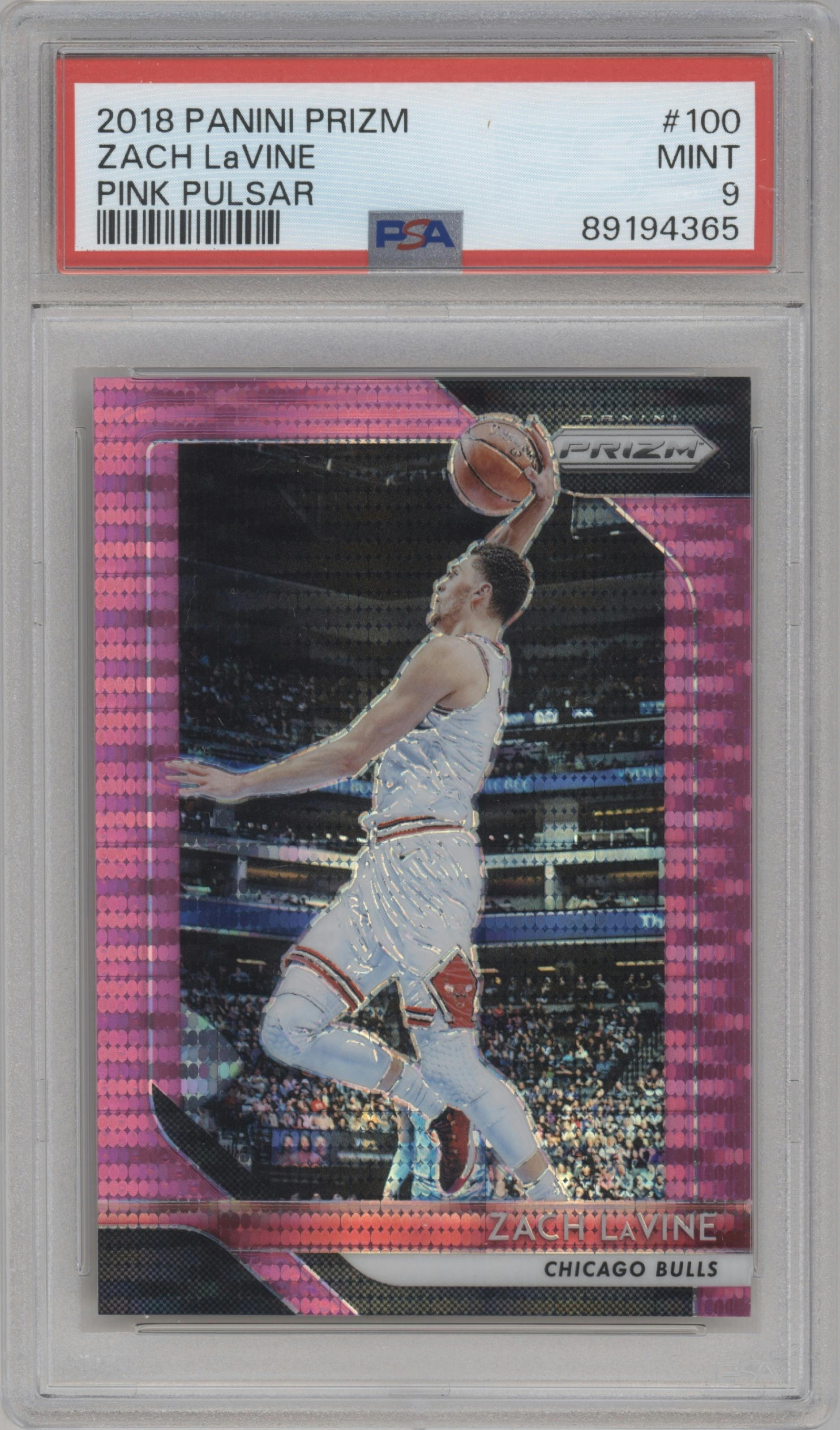 Zach LaVine from the 2018-19 Panini Prizm set featuring a Pink Pulsar parallel graded by PSA and given an overall grade of 9.