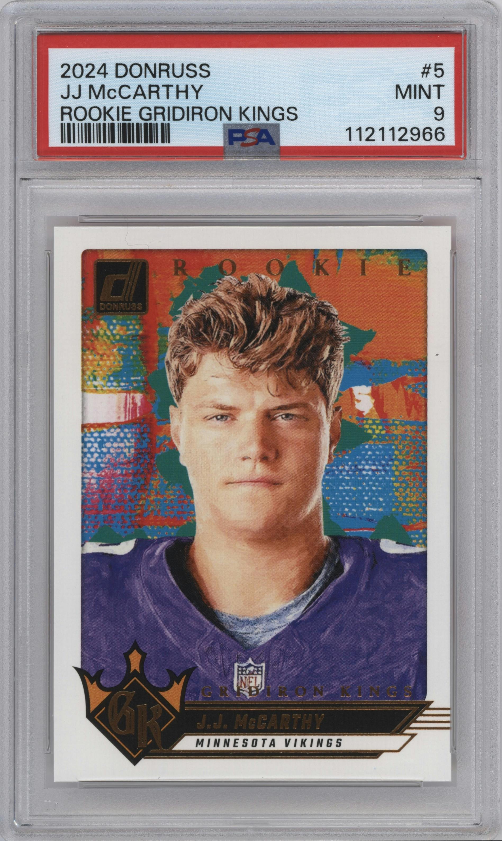 J.J. McCarthy from the 2024 Donruss set graded by PSA and given an overall grade of 9.