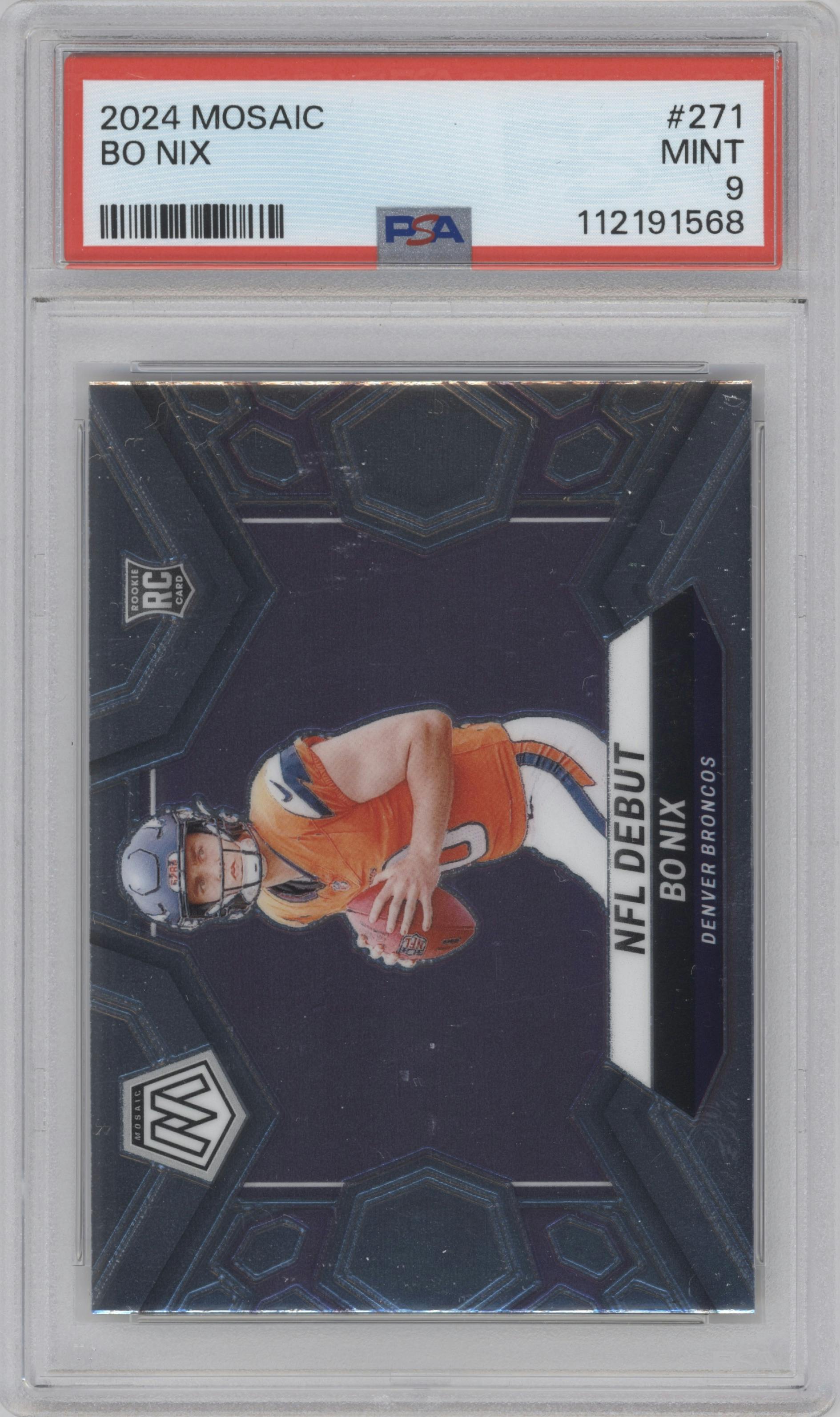 Bo Nix from the 2024 Panini Mosaic set graded by PSA and given an overall grade of 9.