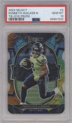 Kenneth Walker III from the 2022 Panini Select set featuring a Die-Cut Tie-Dye parallel graded by PSA and given an overall grade of 10.