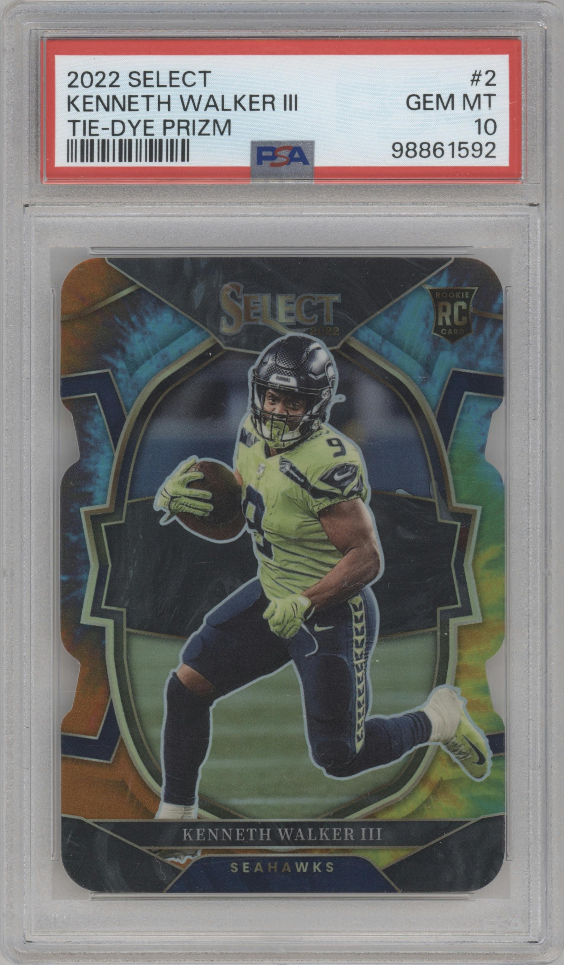 Kenneth Walker III from the 2022 Panini Select set featuring a Die-Cut Tie-Dye parallel graded by PSA and given an overall grade of 10.