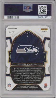 Kenneth Walker III from the 2022 Panini Select set featuring a Die-Cut Tie-Dye parallel graded by PSA and given an overall grade of 10.