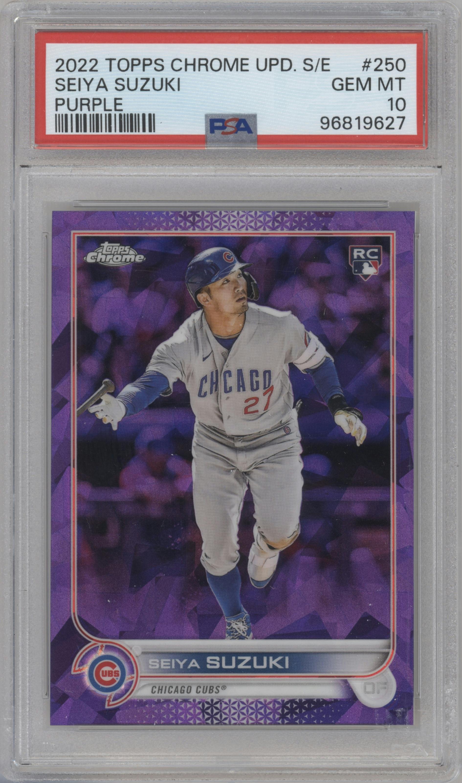Seiya Suzuki from the 2022 Topps Chrome Update Sapphire Edition  set featuring a Purple parallel graded by PSA and given an overall grade of 10.