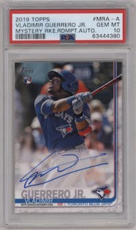 Vladimir Guerrero Jr. from the 2019 Topps Series 1 set graded by PSA and given an overall grade of 10.