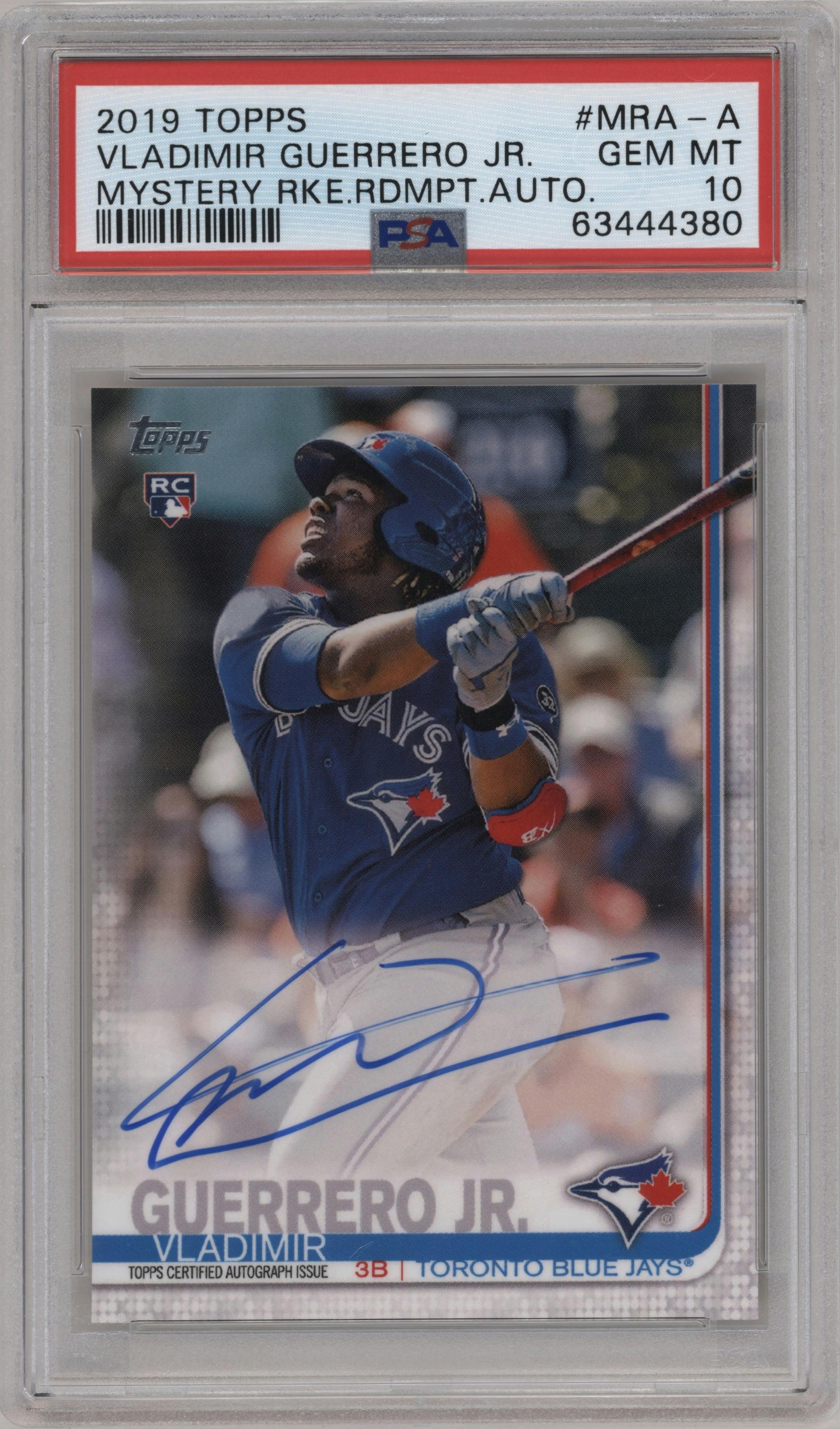 Vladimir Guerrero Jr. from the 2019 Topps Series 1 set graded by PSA and given an overall grade of 10.