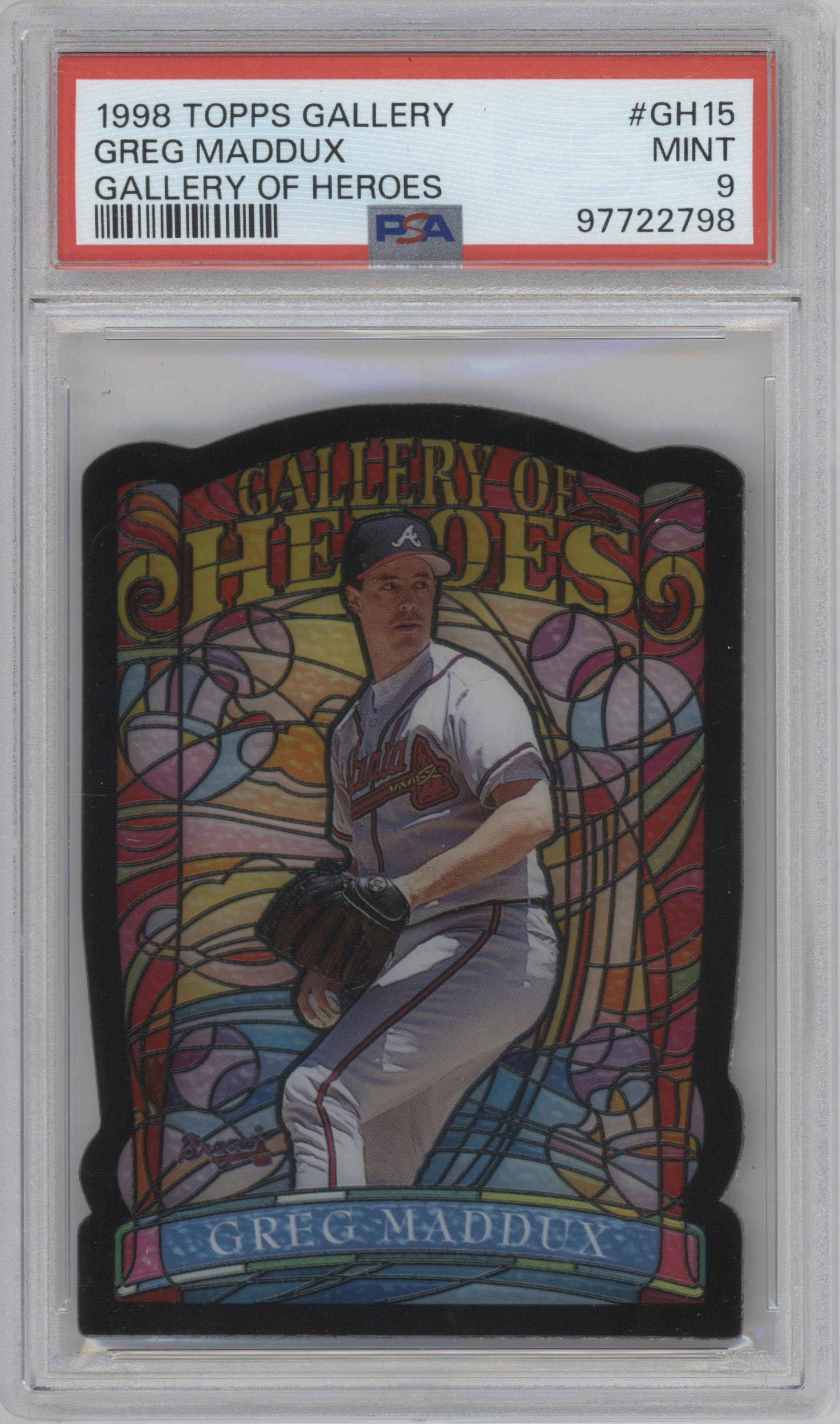 Greg Maddux from the 1998 Topps Gallery set graded by PSA and given an overall grade of 9.