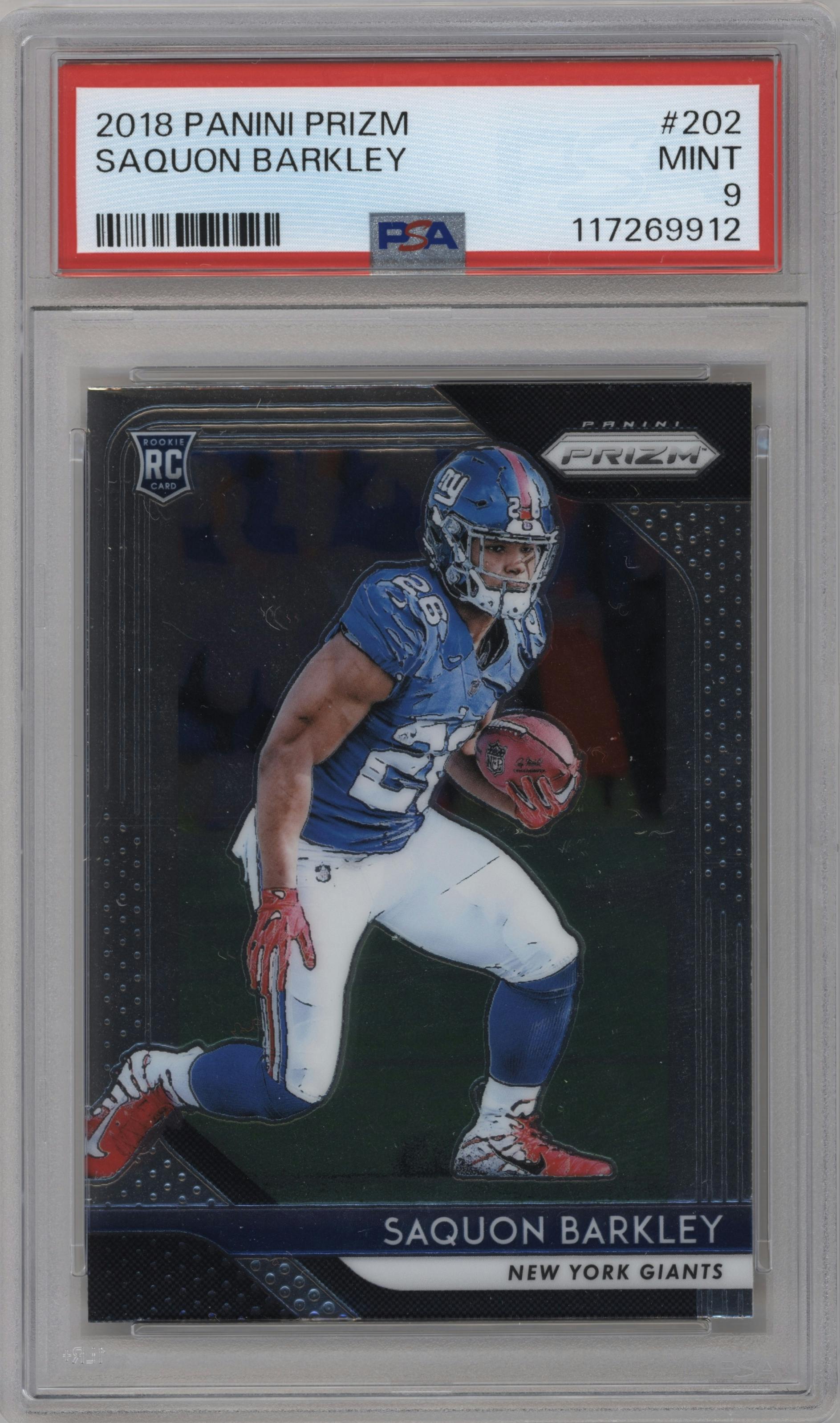 Saquon Barkley from the 2018 Panini Prizm set graded by PSA and given an overall grade of 9.