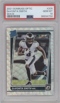 Devonta Smith from the 2021 Panini Donruss Optic set featuring a Wave parallel graded by PSA and given an overall grade of 10.