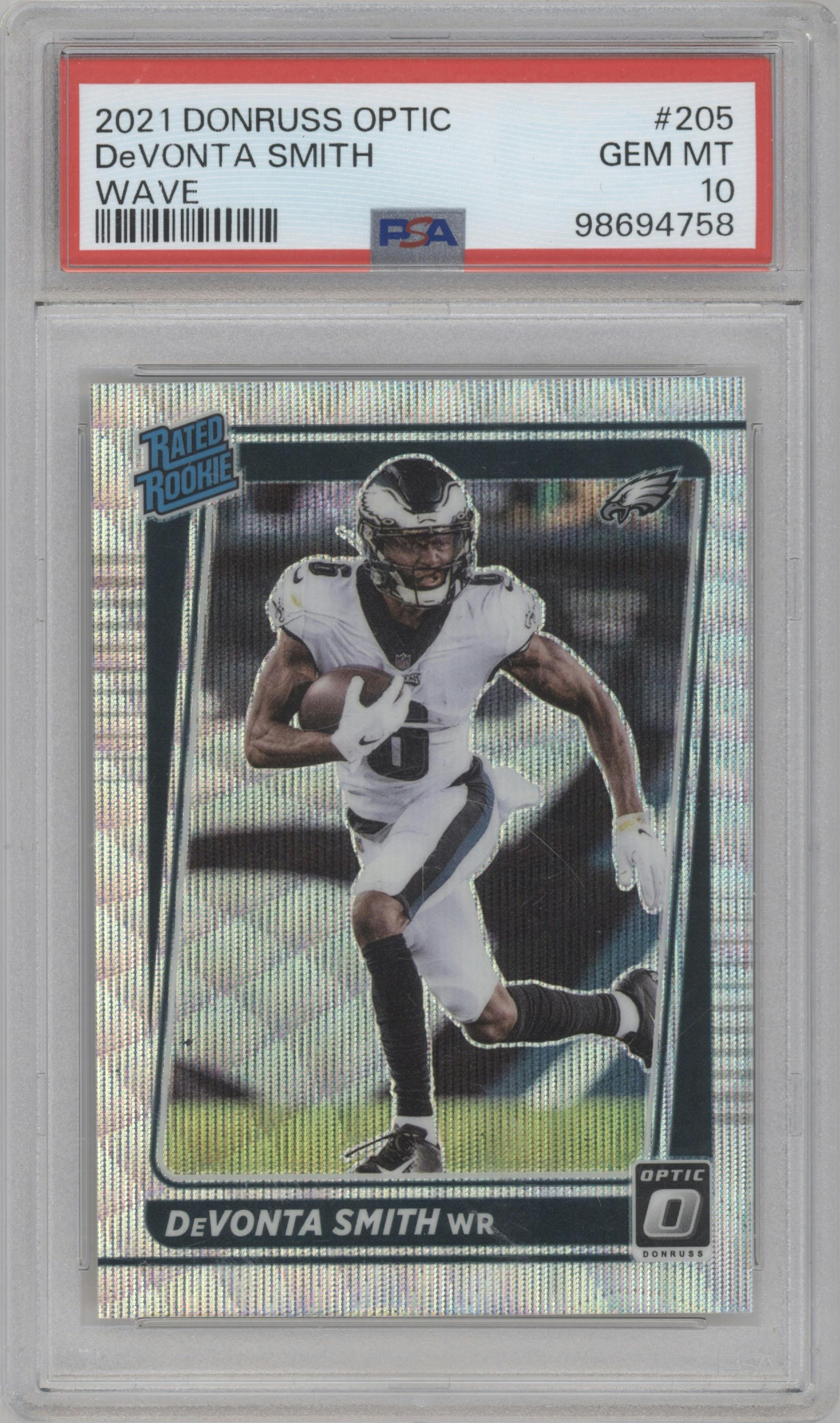 Devonta Smith from the 2021 Panini Donruss Optic set featuring a Wave parallel graded by PSA and given an overall grade of 10.