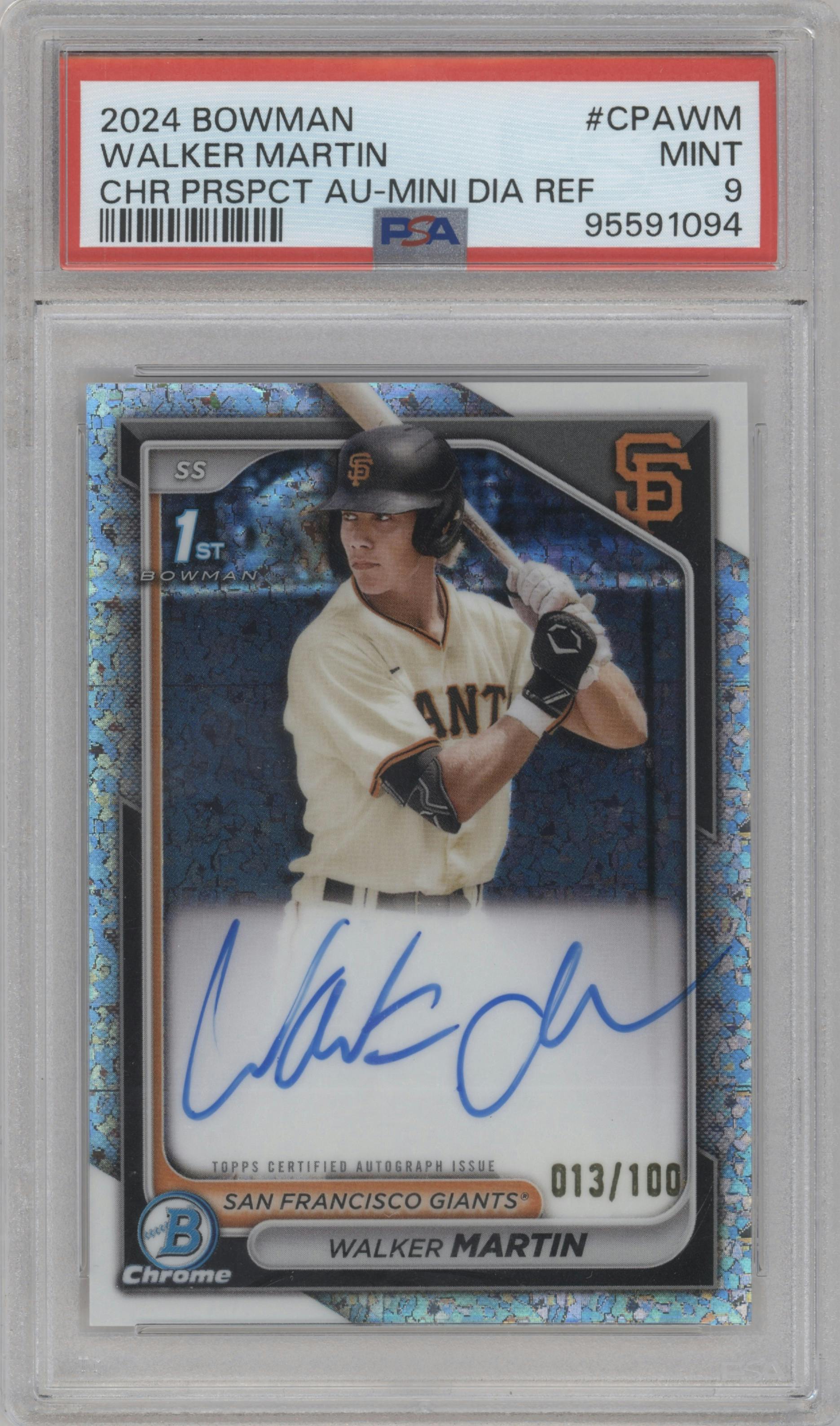 Walker Martin from the 2024 Bowman set featuring a Mini-Diamond Refractor parallel graded by PSA and given an overall grade of 9.