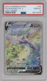 Aerodactyl V from the 2022 Pokemon SWSH set graded by PSA and given an overall grade of 10.