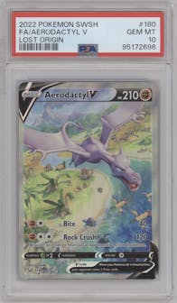 Aerodactyl V from the 2022 Pokemon SWSH set graded by PSA and given an overall grade of 10.