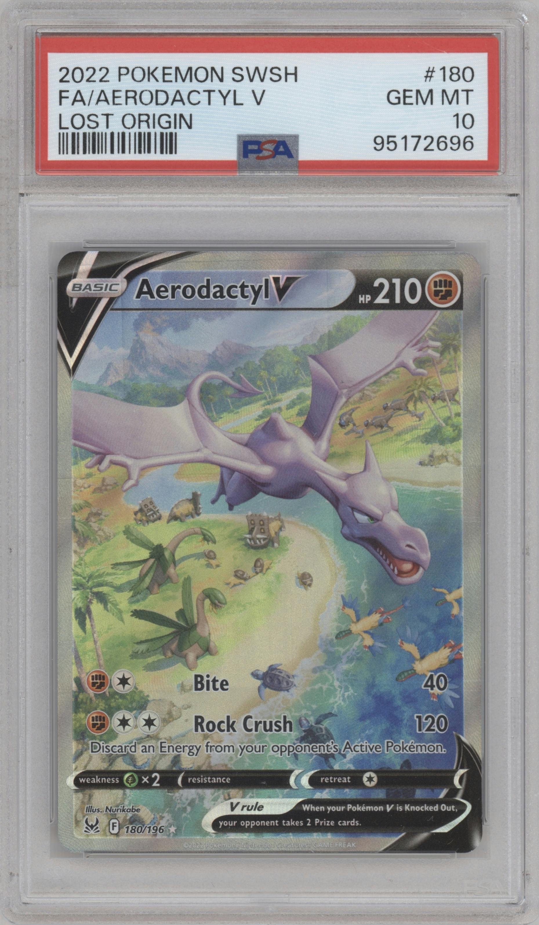 Aerodactyl V from the 2022 Pokemon SWSH set graded by PSA and given an overall grade of 10.