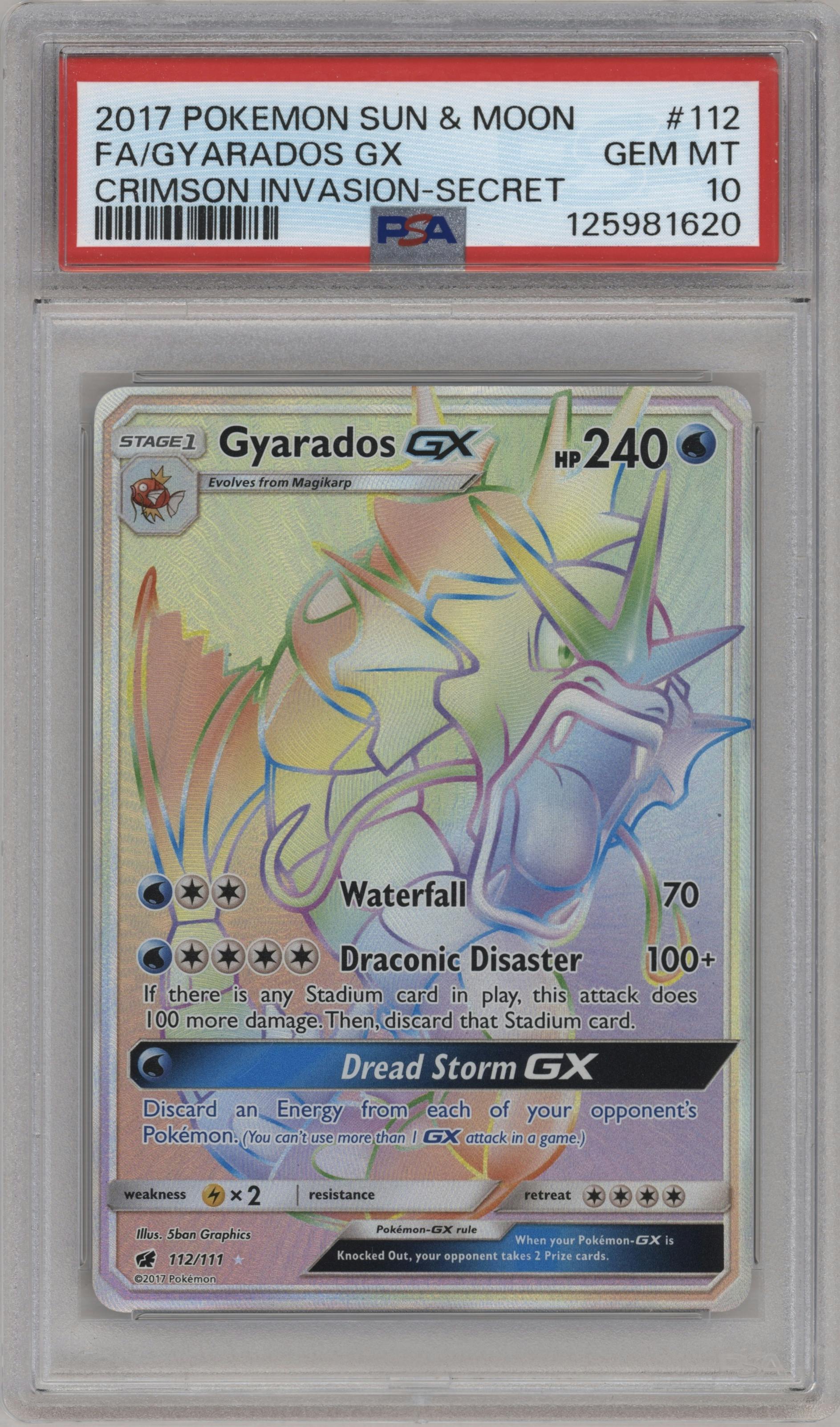 Gyarados GX from the 2017 Pokemon S&M set graded by PSA and given an overall grade of 10.