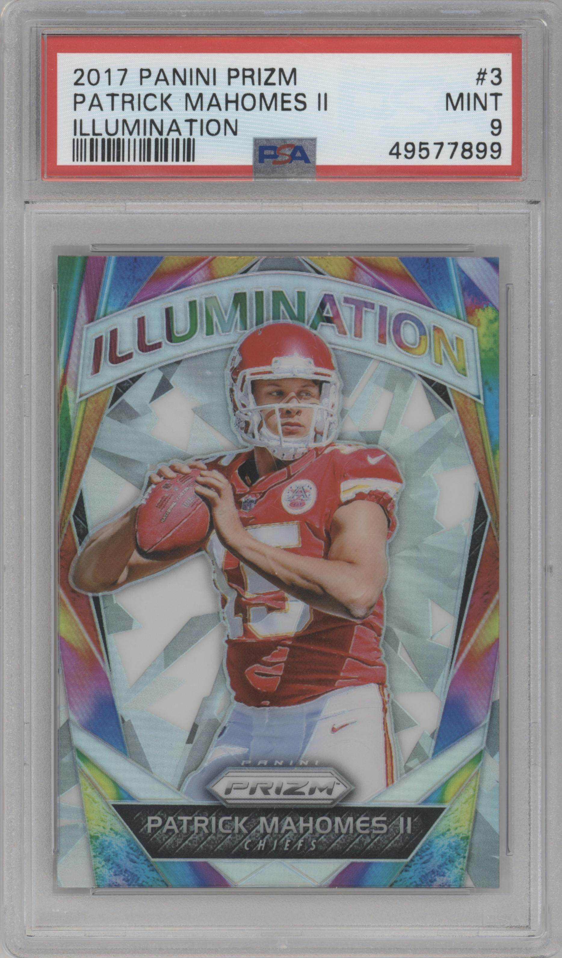 Patrick Mahomes II from the 2017 Panini Prizm set graded by PSA and given an overall grade of 9.