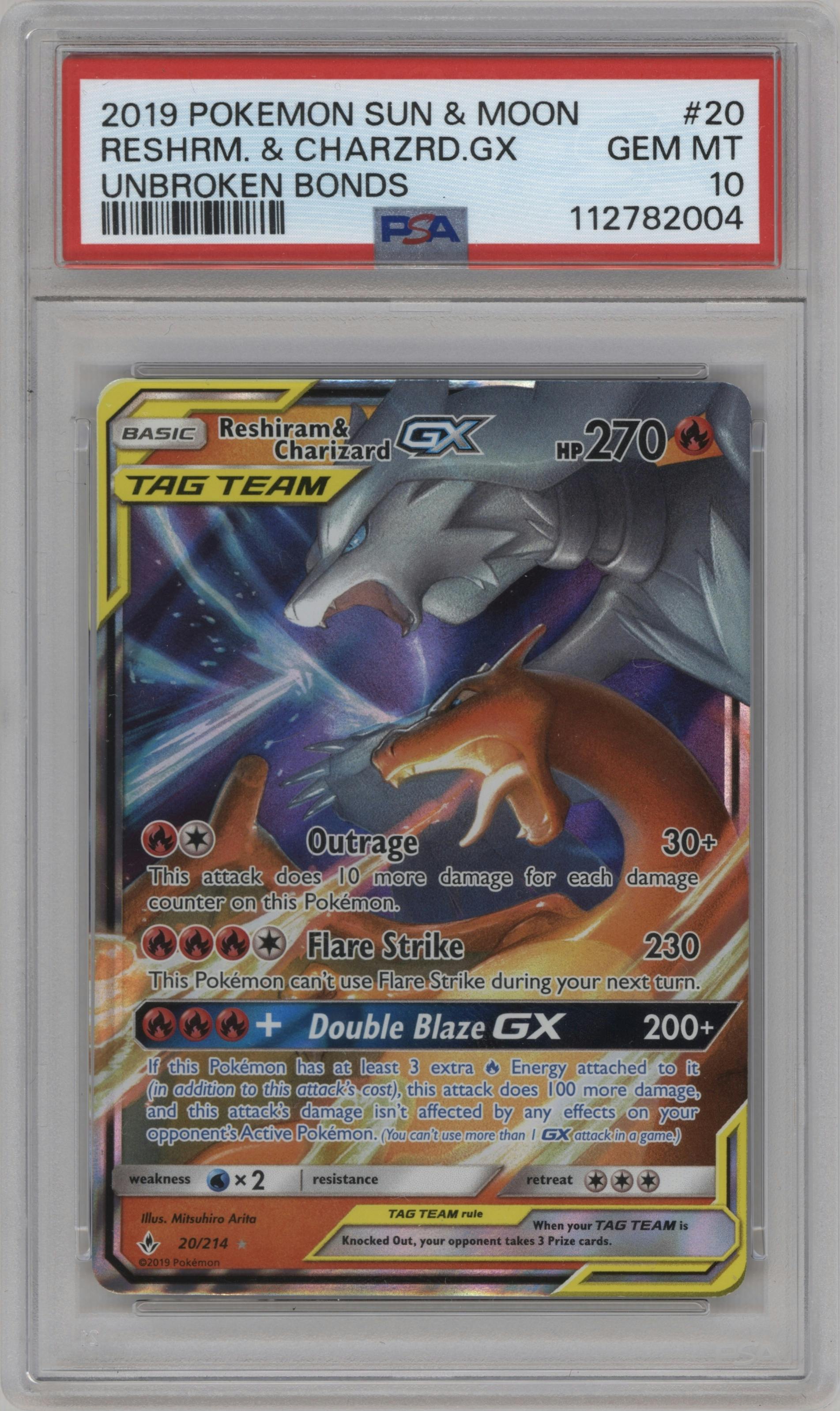 Reshiram/Charizard GX from the 2019 Pokemon S&M  set graded by PSA and given an overall grade of 10.