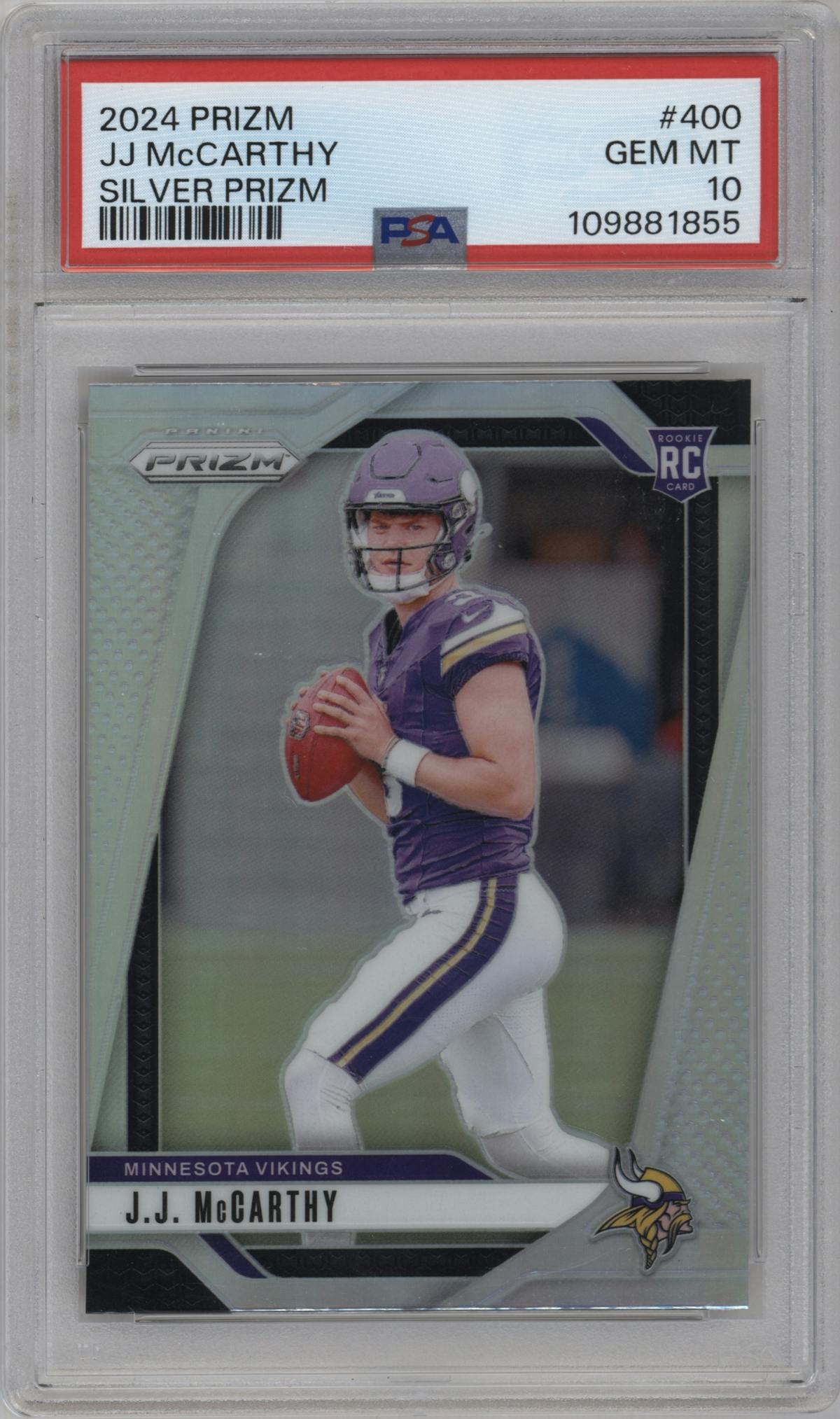J.J. McCarthy from the 2024 Panini Prizm set featuring a Silver Prizm parallel graded by PSA and given an overall grade of 10.