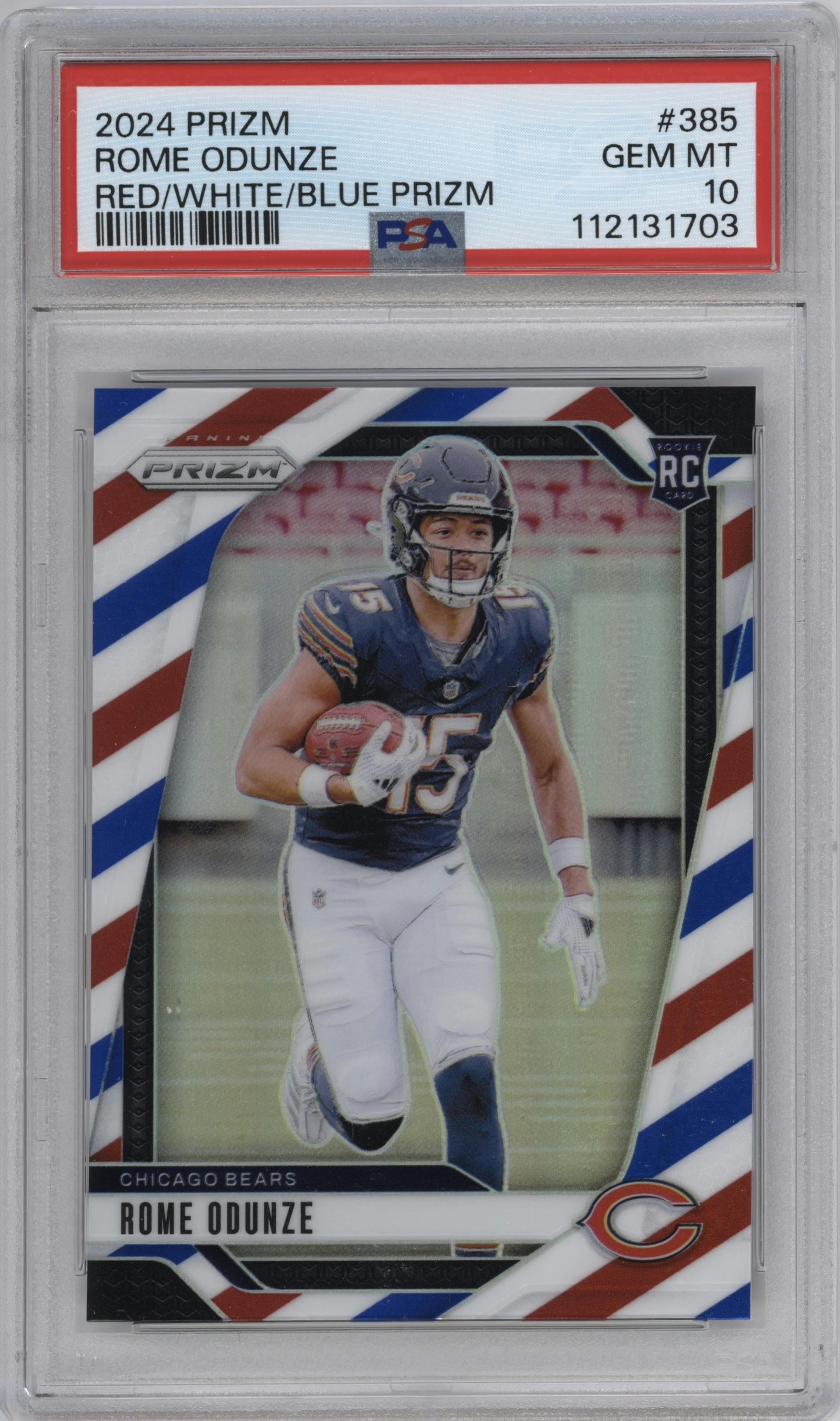 Rome Odunze from the 2024 Panini Prizm set featuring a Red/White/Blue Prizm parallel graded by PSA and given an overall grade of 10.