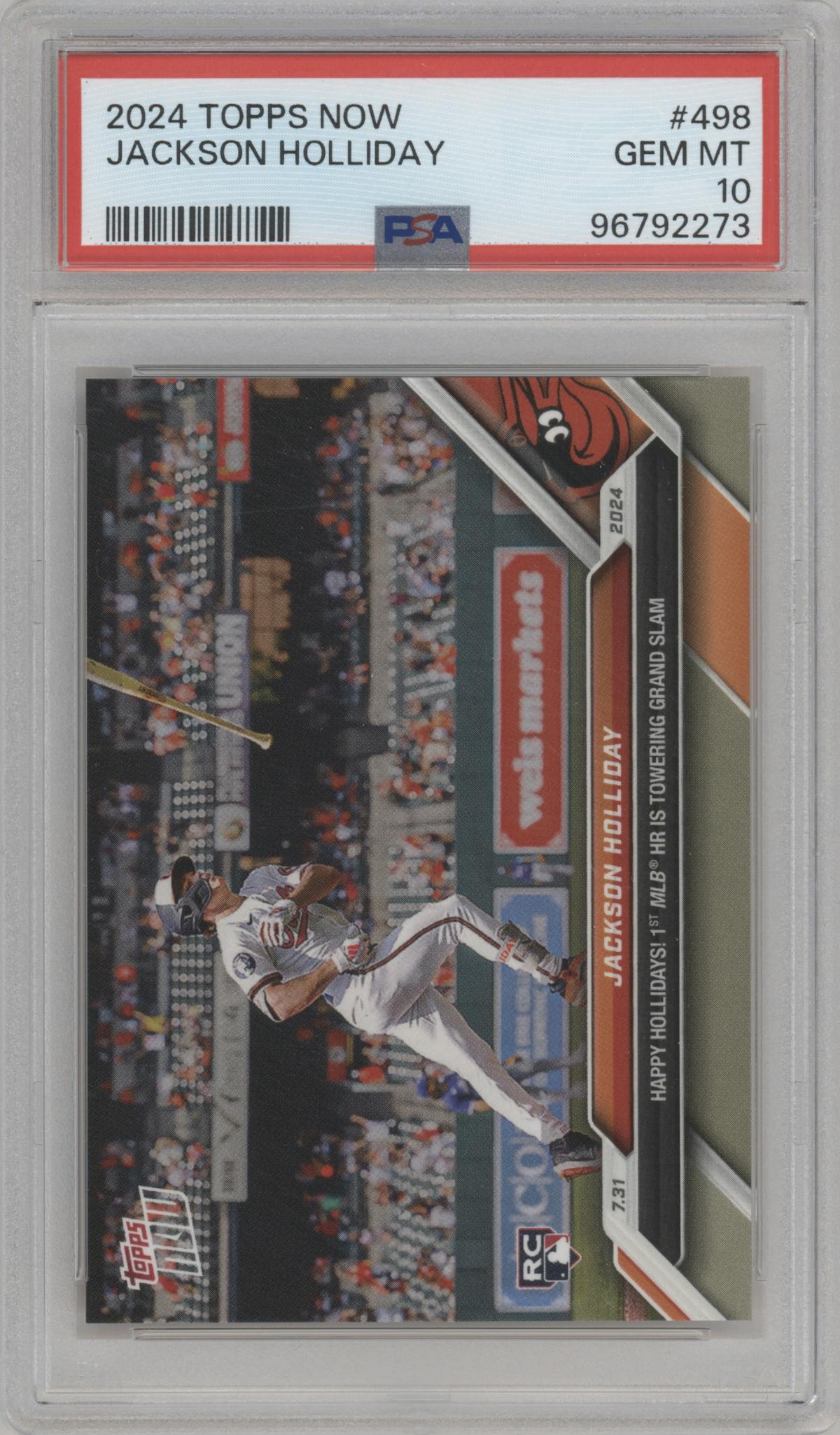 Jackson Holliday from the 2024 Topps Now set graded by PSA and given an overall grade of 10.