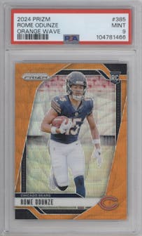Rome Odunze from the 2024 Panini Prizm set featuring a Orange Wave parallel graded by PSA and given an overall grade of 9.