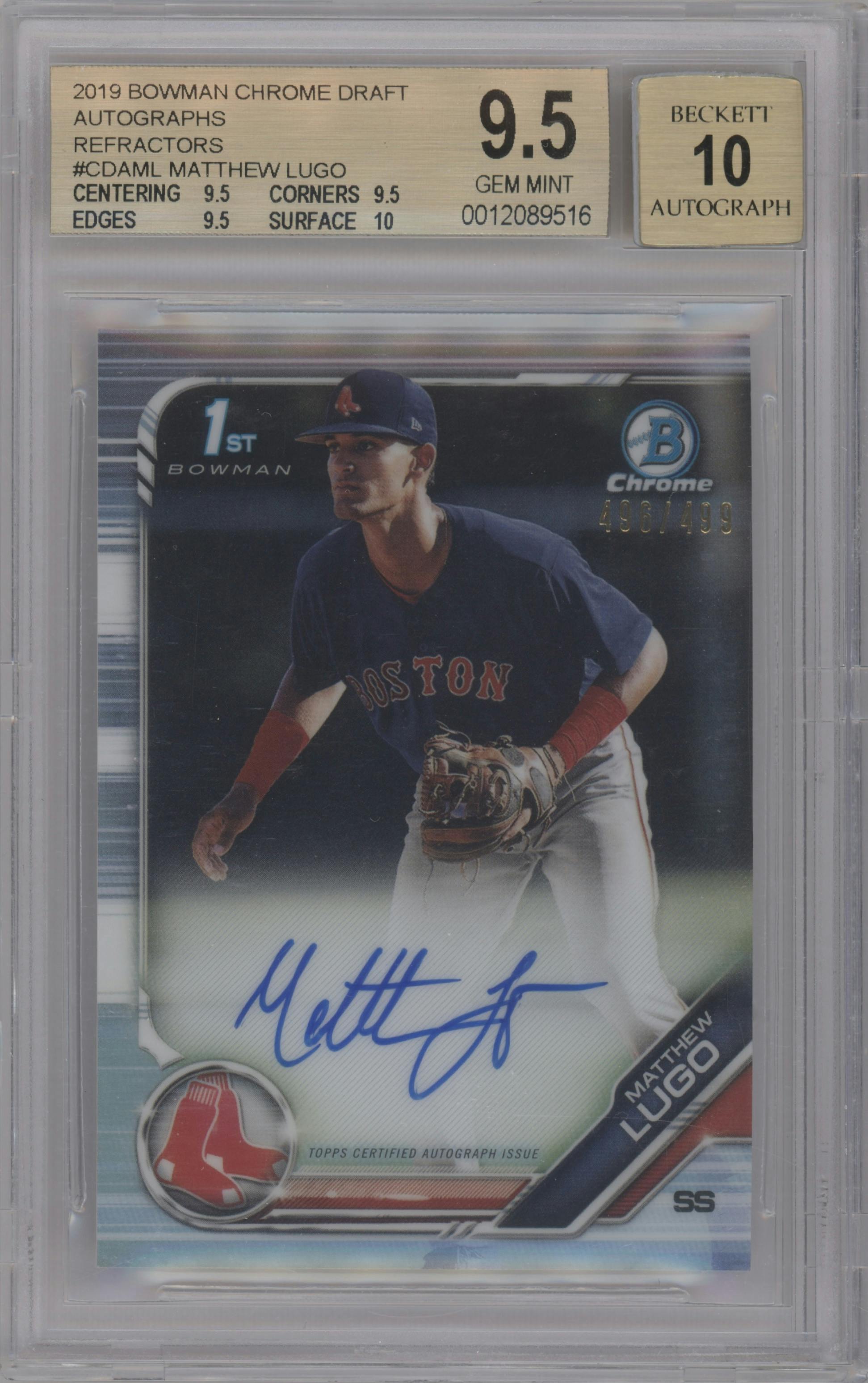 Matthew Lugo from the 2019 Bowman Draft set featuring a Refractor parallel graded by Beckett and given an overall grade of 9.5.