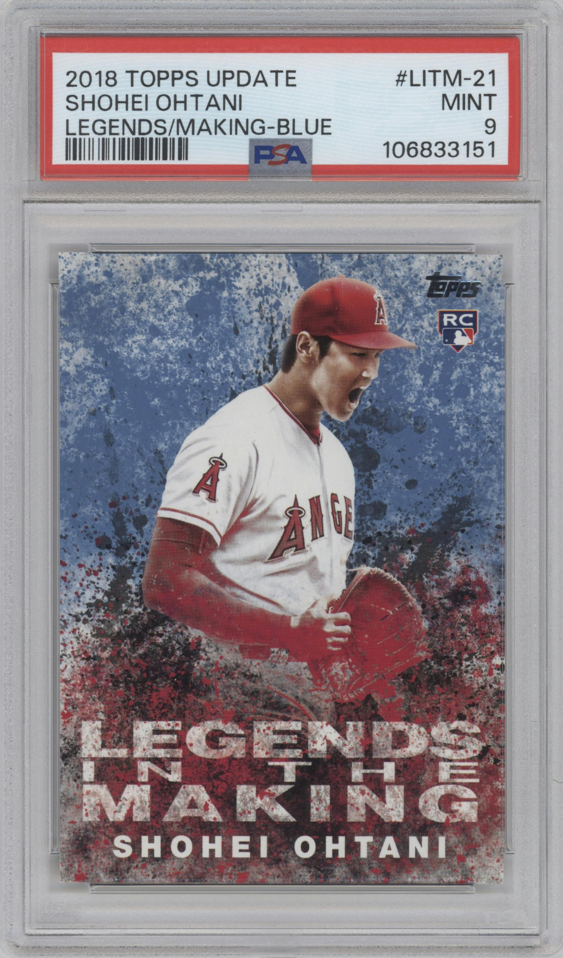 Shohei Ohtani from the 2018 Topps Update set featuring a Blue parallel graded by PSA and given an overall grade of 9.