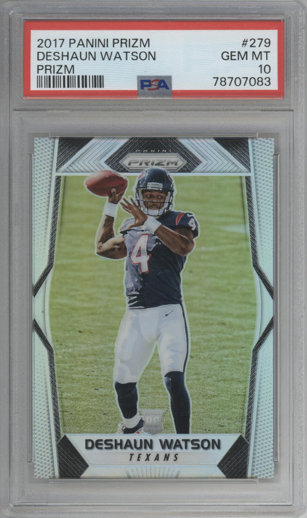 Deshaun Watson from the 2017 Panini Prizm set featuring a Prizm parallel graded by PSA and given an overall grade of 10.