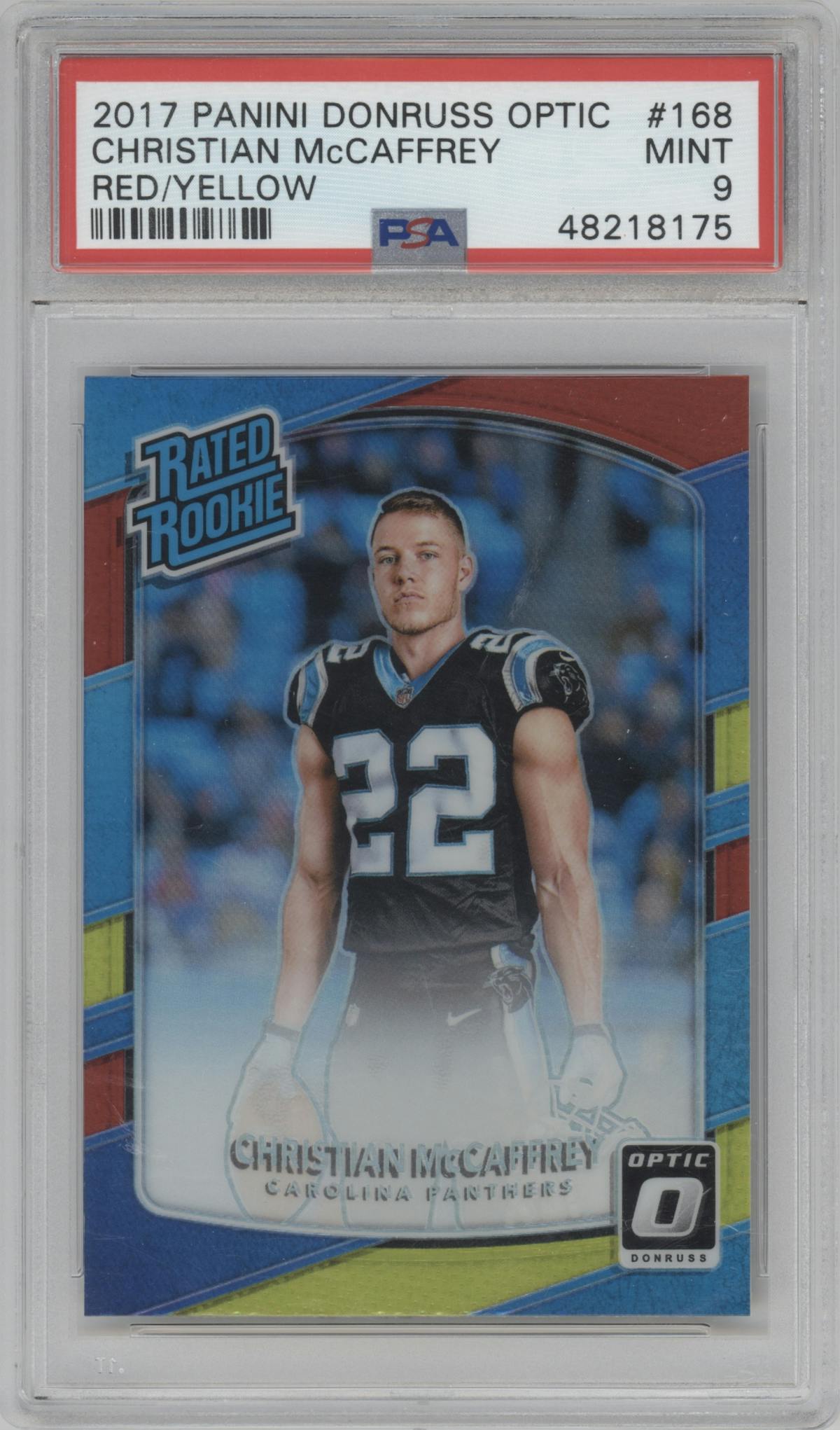 Christian McCaffrey from the 2017 Panini Donruss Optic set featuring a Red/Yellow parallel graded by PSA and given an overall grade of 9.