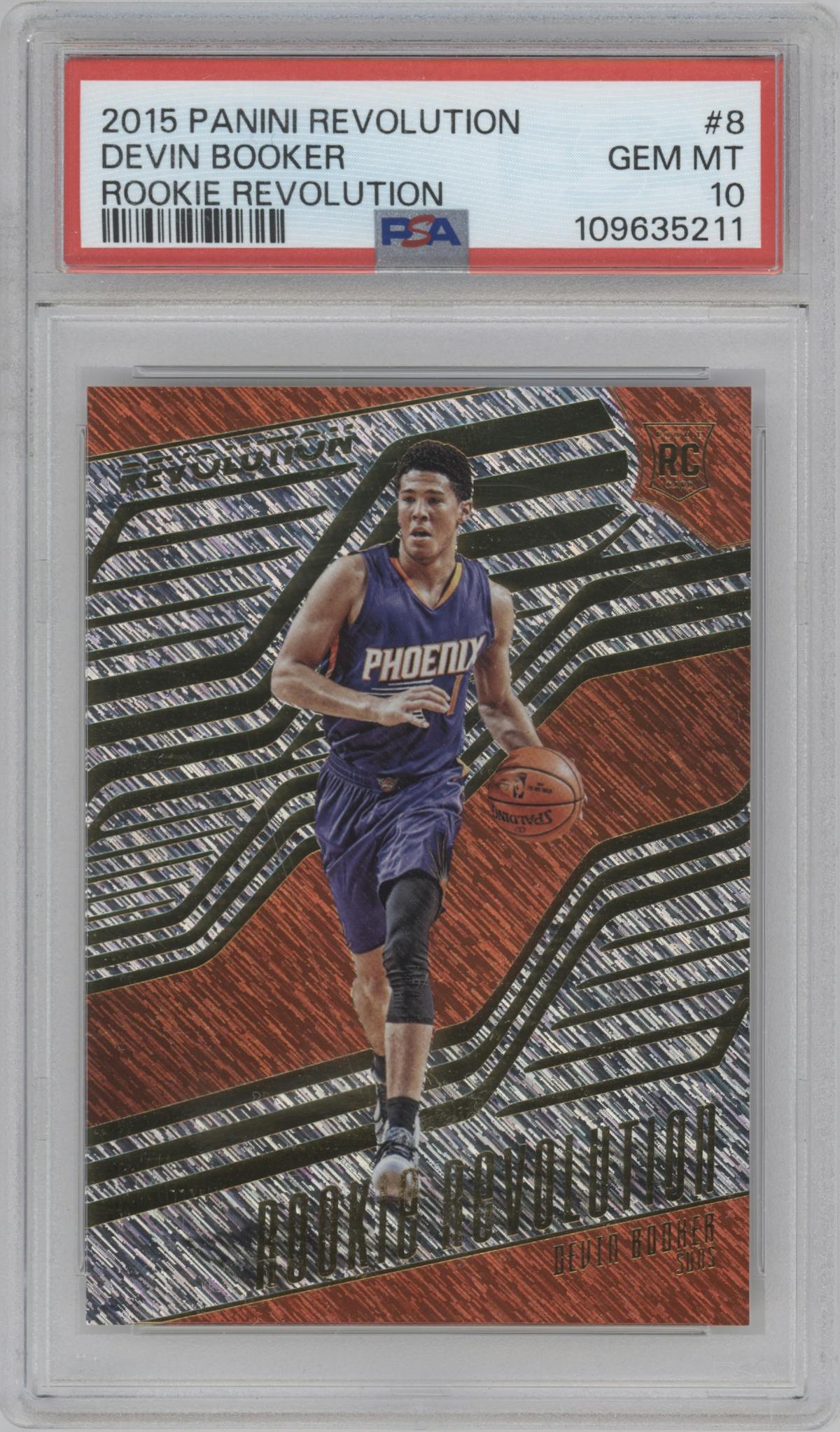 Devin Booker from the 2015-16 Panini Revolution set graded by PSA and given an overall grade of 10.