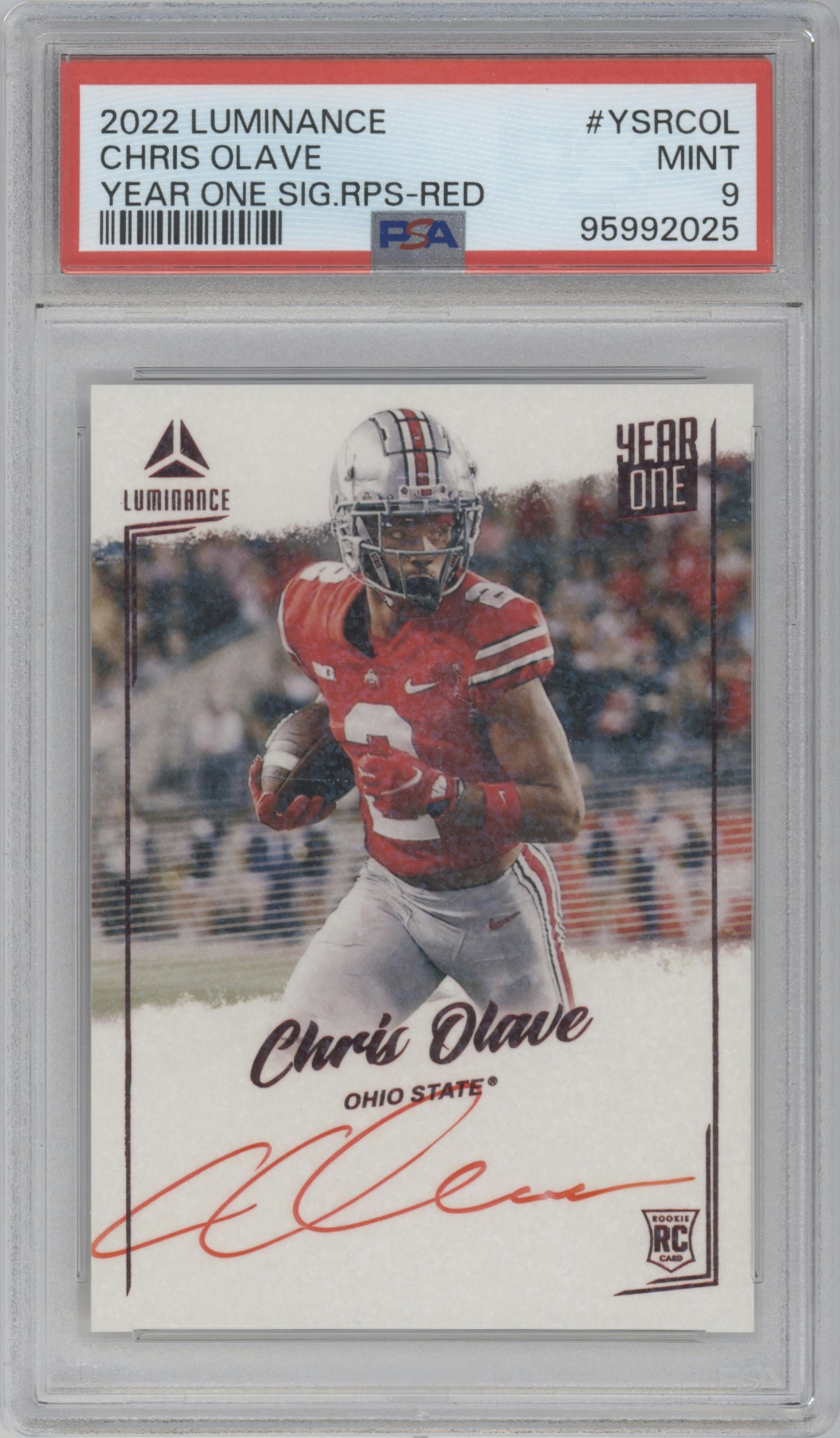 Chris Olave from the 2022 Panini Luminance set featuring a Red parallel graded by PSA and given an overall grade of 9.