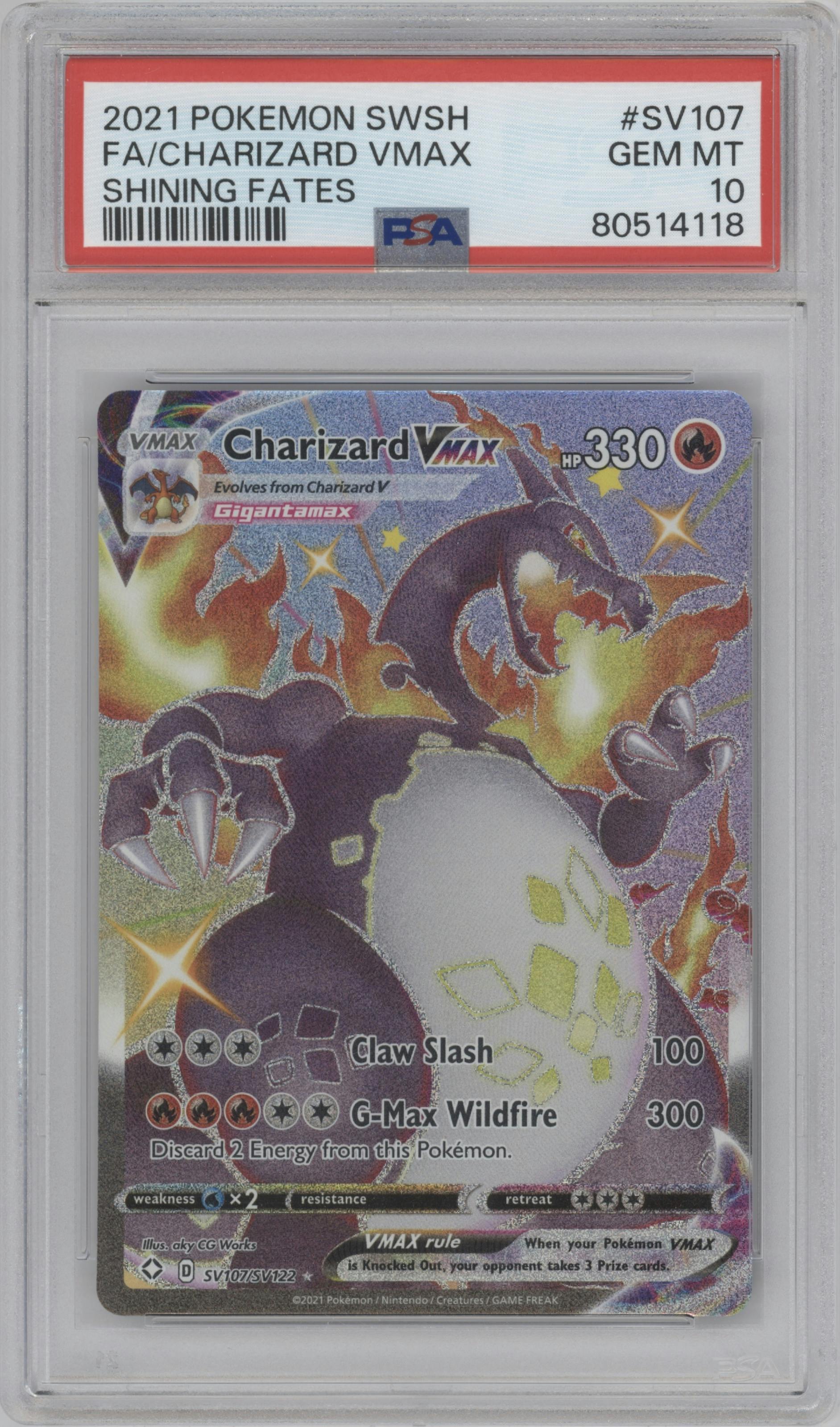 Charizard VMAX  from the 2021 Pokemon SWSH set graded by PSA and given an overall grade of 10.