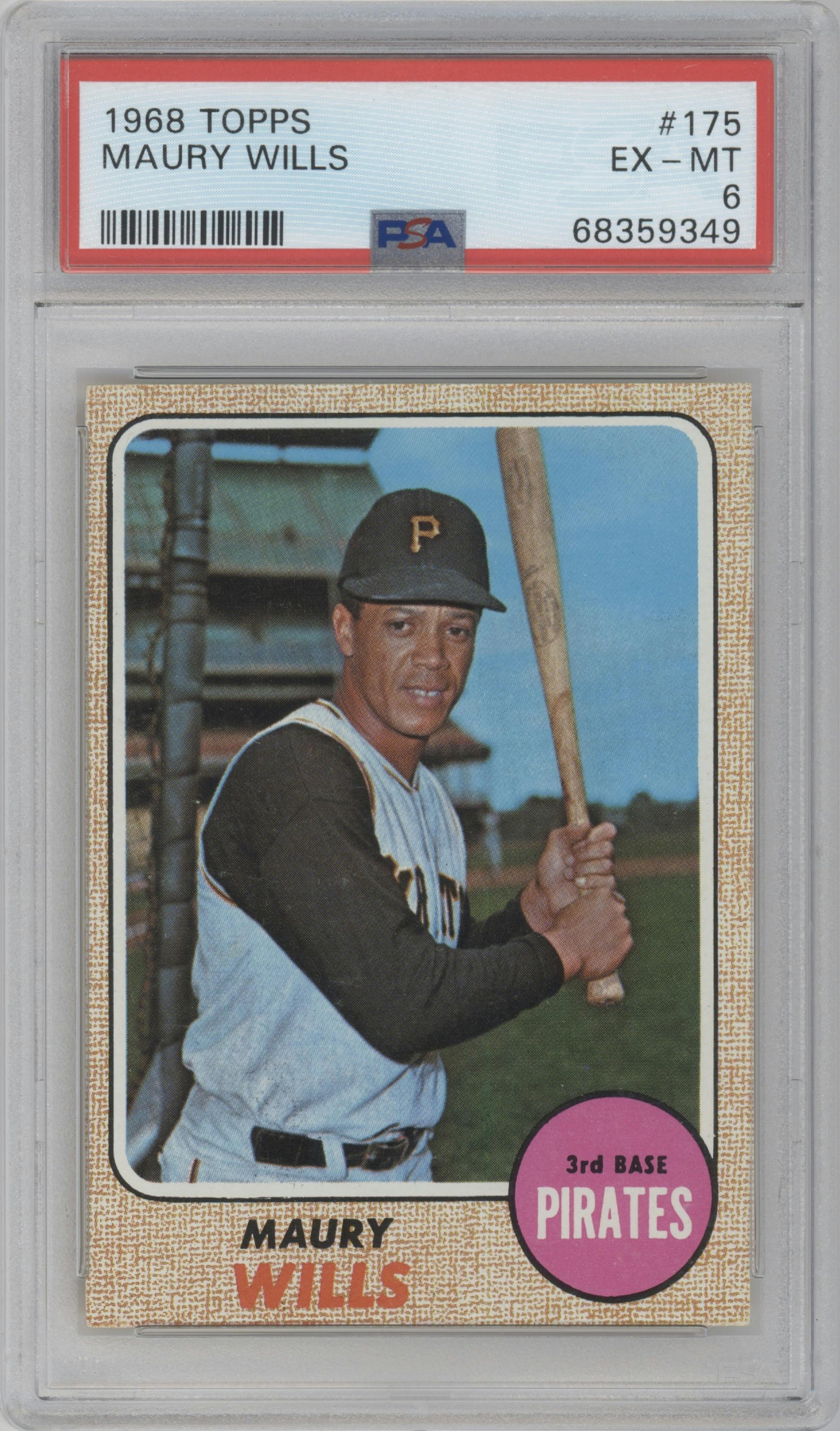 Maury Wills from the 1968 Topps set graded by PSA and given an overall grade of 6.