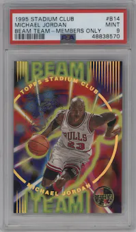 Michael Jordan from the 1995-96 Topps Stadium Club set featuring a Members Only parallel graded by PSA and given an overall grade of 9.