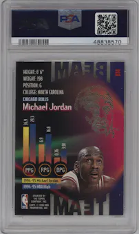 Michael Jordan from the 1995-96 Topps Stadium Club set featuring a Members Only parallel graded by PSA and given an overall grade of 9.