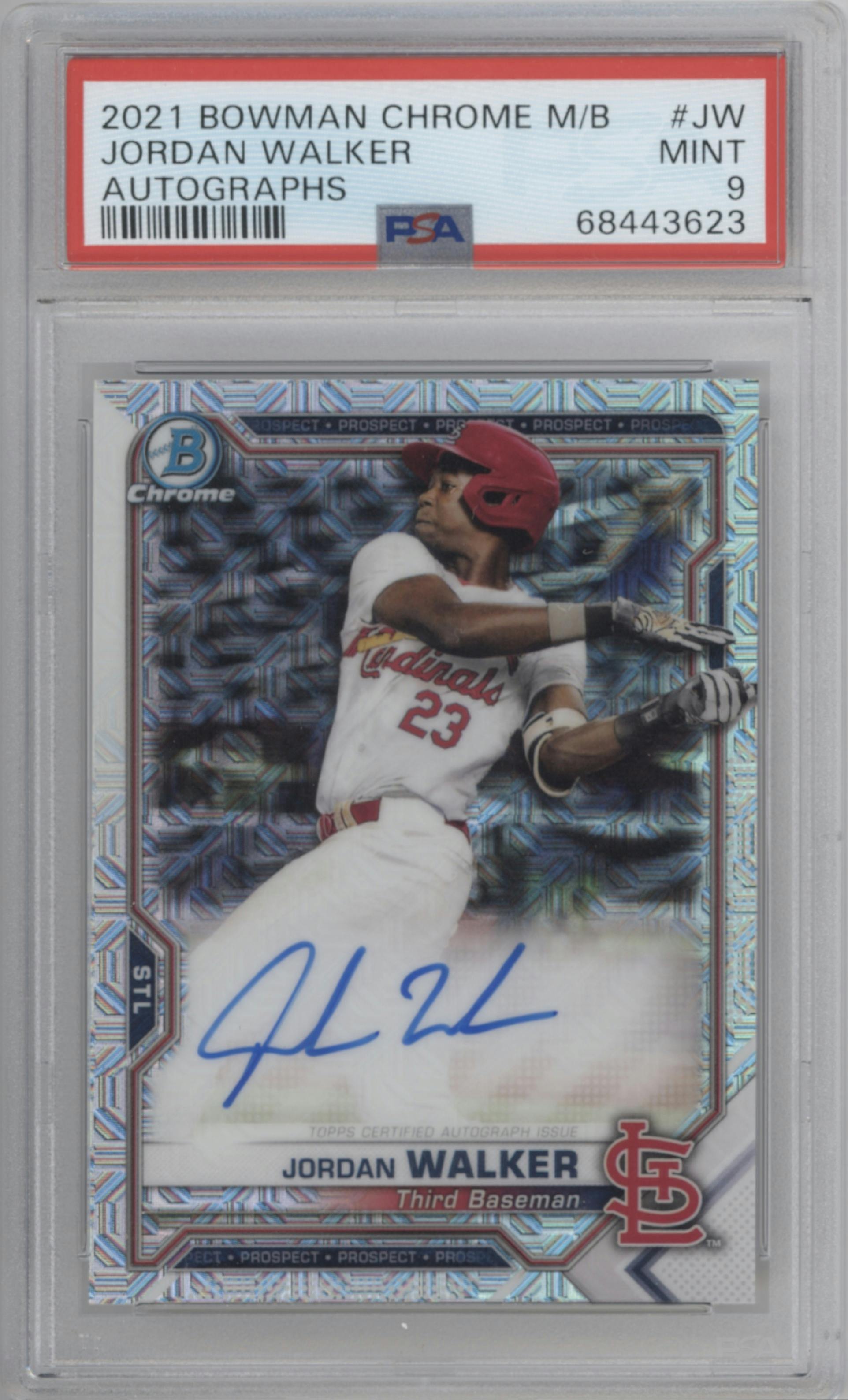 Jordan Walker from the 2021 Bowman Chrome Mega Box set graded by PSA and given an overall grade of 9.