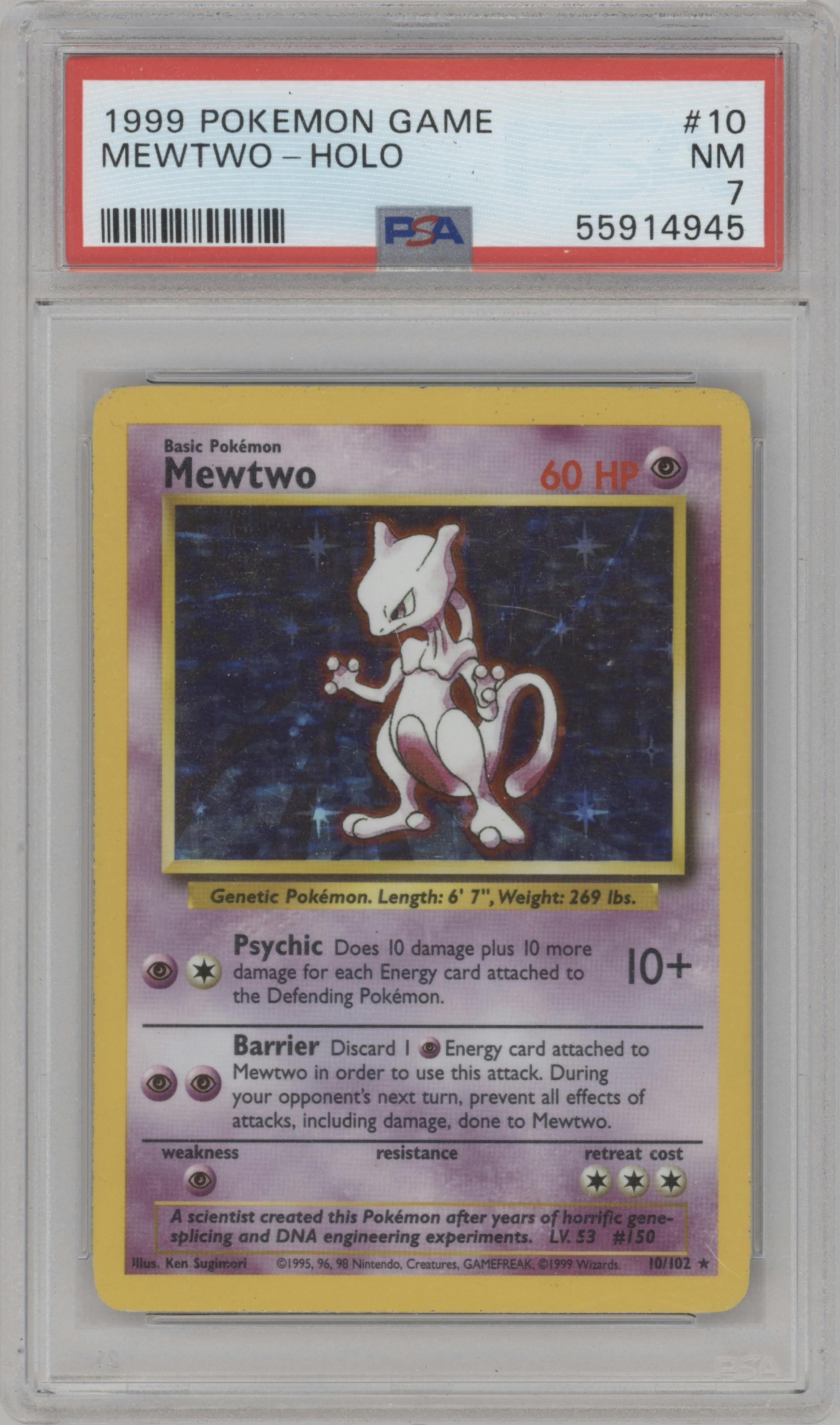 Mewtwo from the 1999 Pokemon set graded by PSA and given an overall grade of 7.