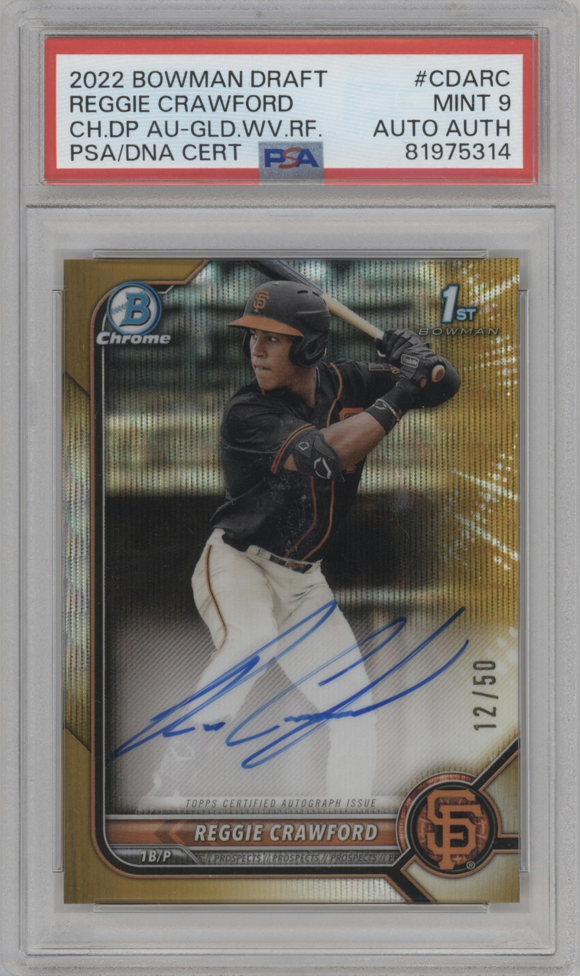 Reggie Crawford  from the 2022 Bowman Draft set featuring a Gold Wave Refractor parallel graded by PSA and given an overall grade of 9.